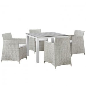 Junction 5 Piece Outdoor Patio Synthetic Rattan Weave Wicker Dining Set, Gray/White by Modway Furniture