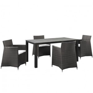 Junction 5 Piece Outdoor Patio Synthetic Rattan Wicker Dining Set, Brown/White by Modway Furniture