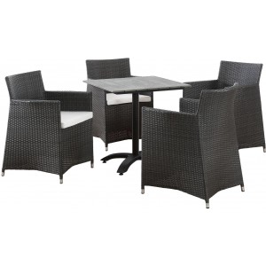 Junction 5 Piece Outdoor Patio Synthetic Rattan Wicker Dining Set w/Dining Table and 4 Armchairs, Brown/White by Modway Furniture