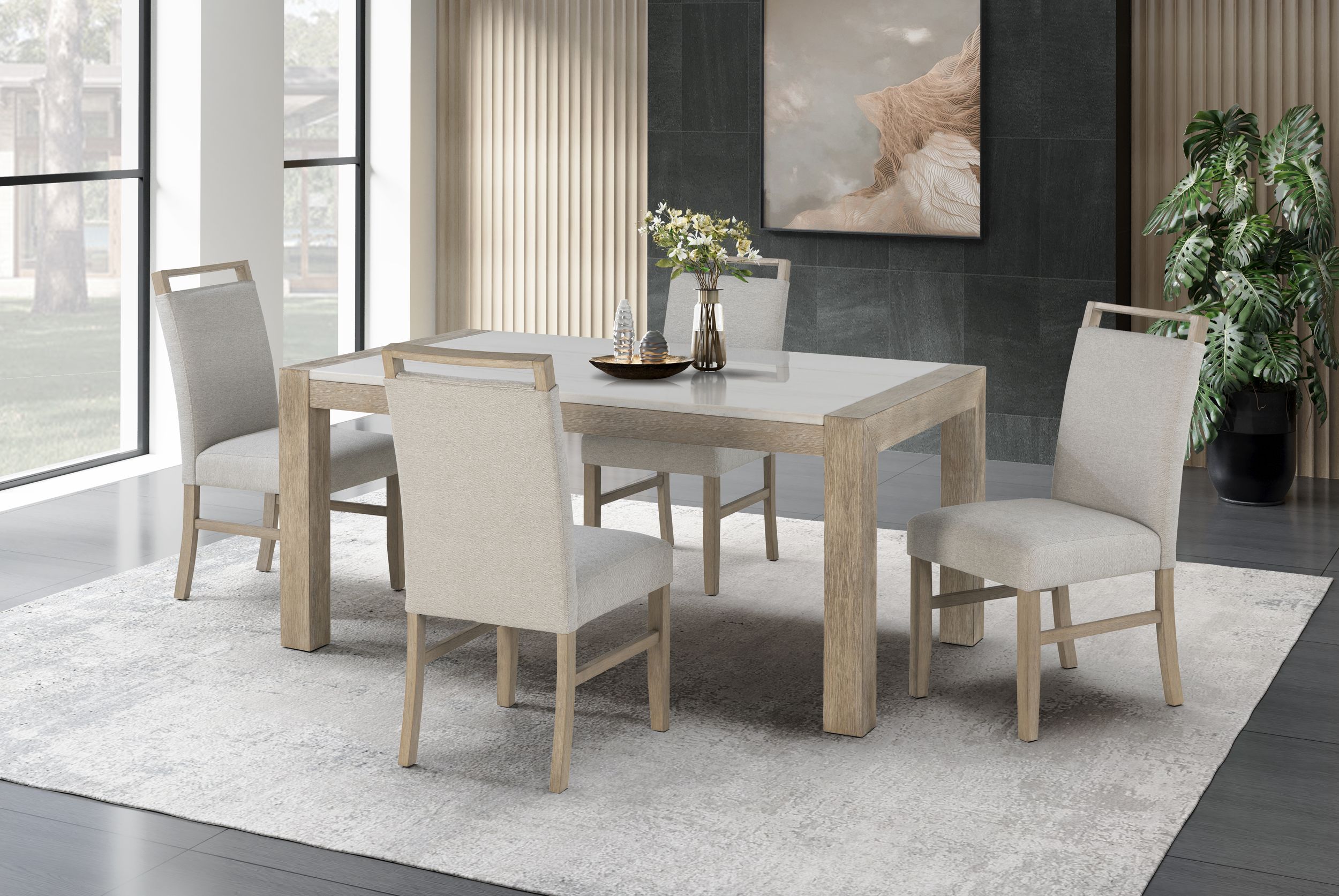 D1321 Marble Wood Rectangular Dining Room Set