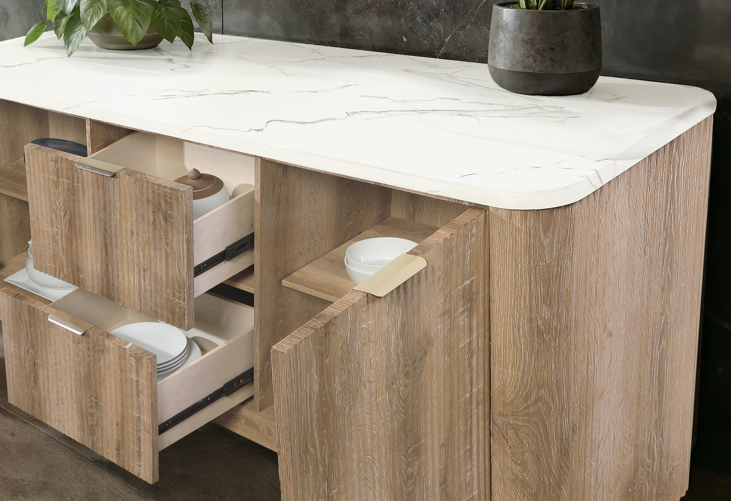 D2504 2-Drawer Marble Top Buffet with 2 Doors