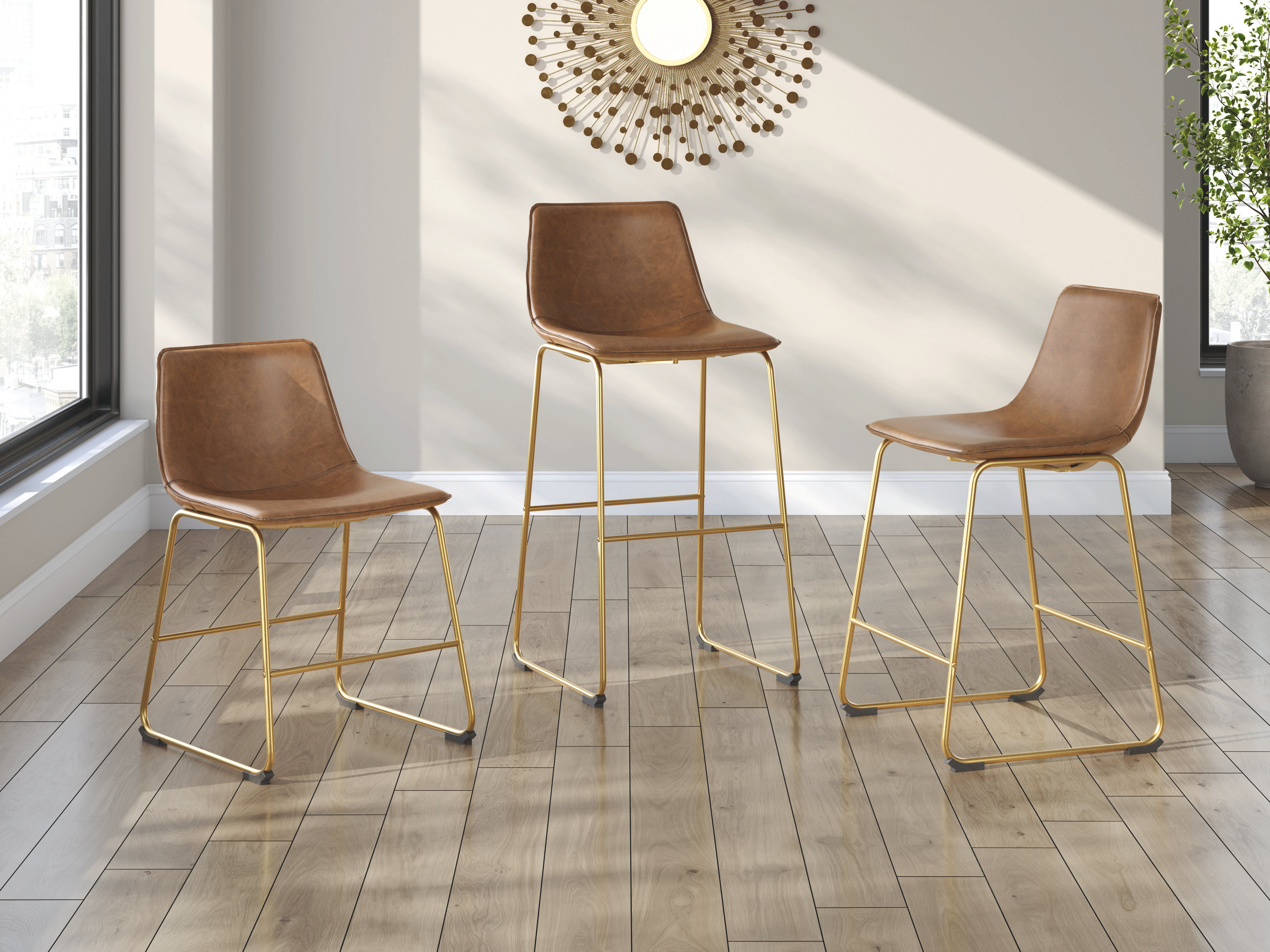 Ciabori Faux Leather Dining Chair | Brown & Gold Mid-Century