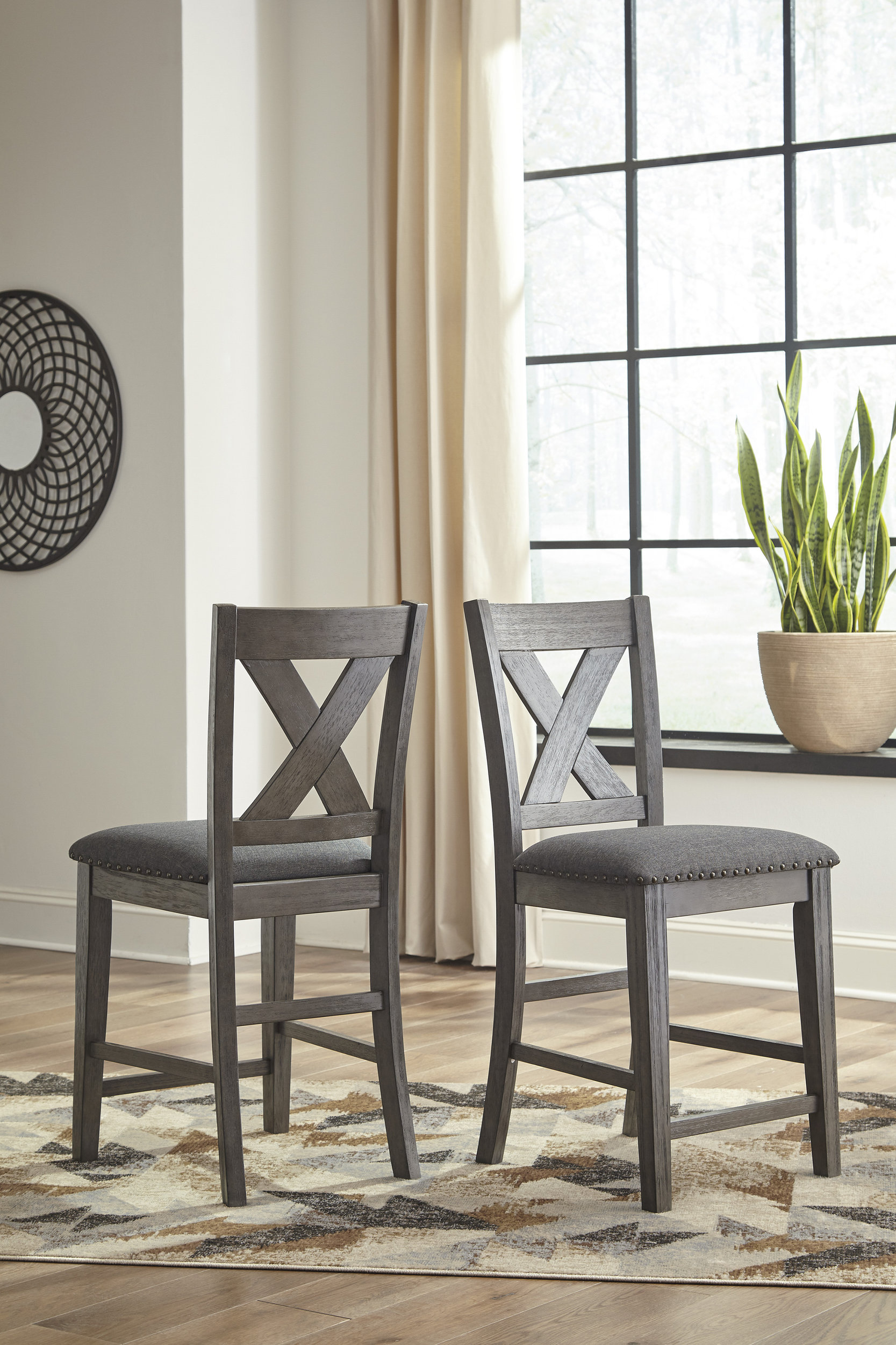 Caitbrook Gray Wood & Upholstered Barstool with Nailhead Trim