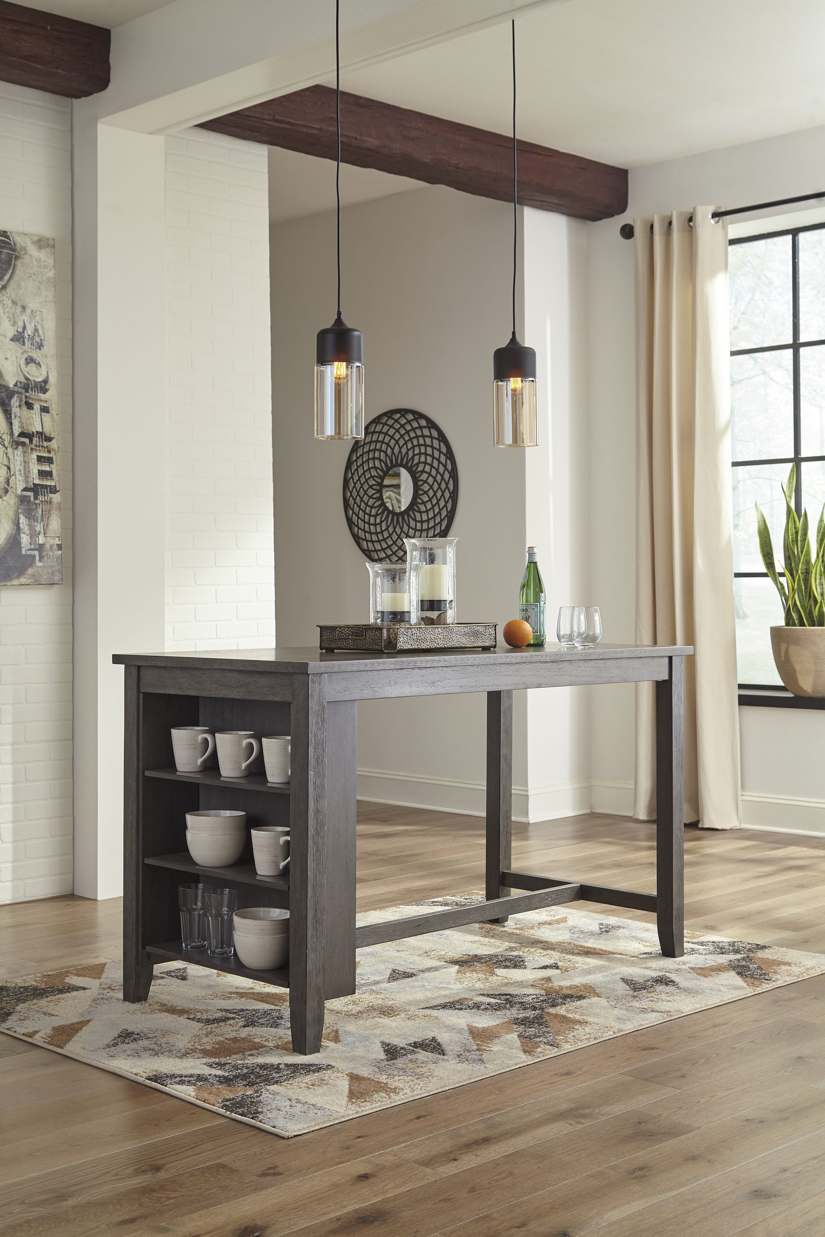 Caitbrook Counter Height Table - Gray Wood w/ Side Shelves | Sohomod