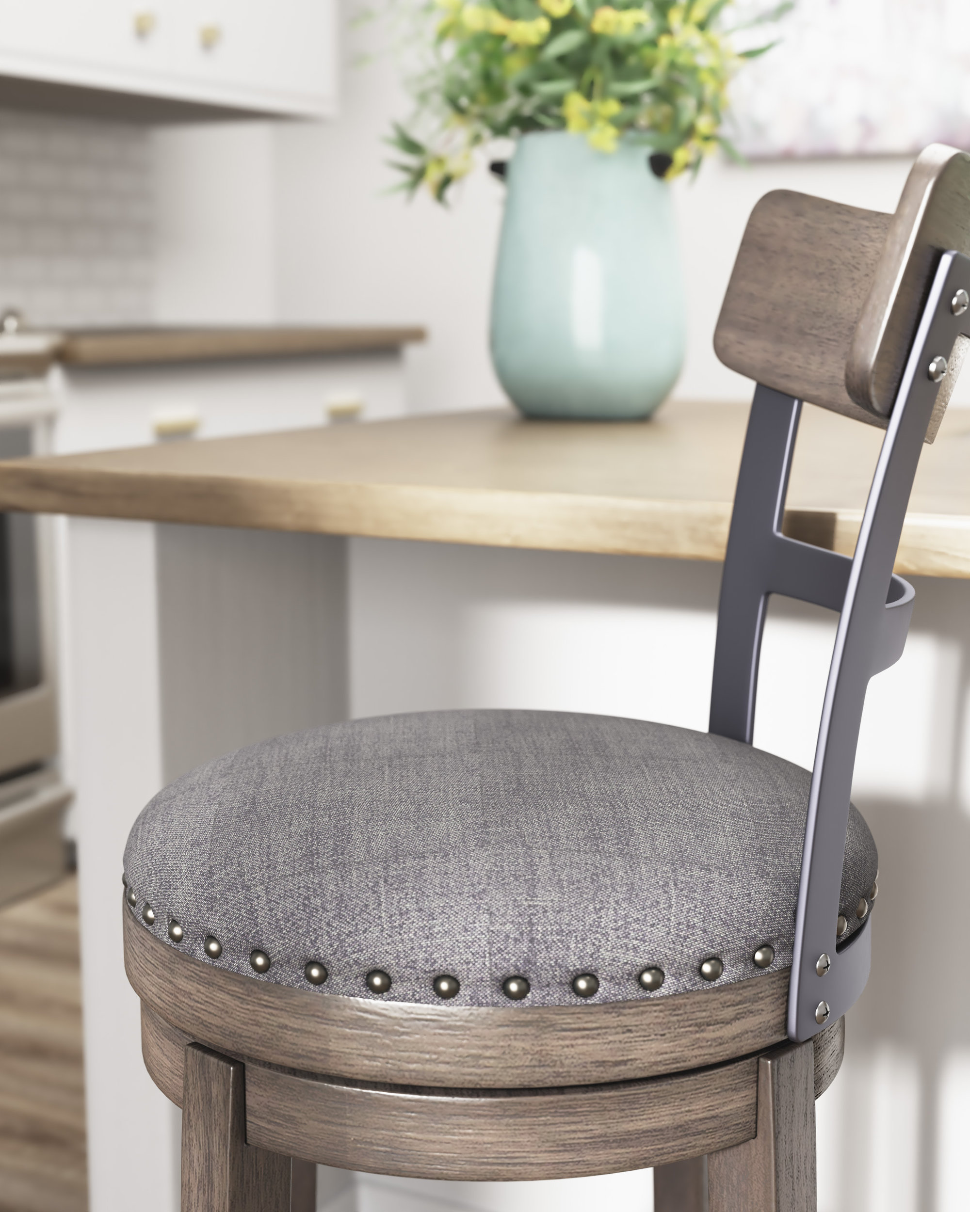 Caitbrook Gray Wood Swivel Barstool with Upholstered Back