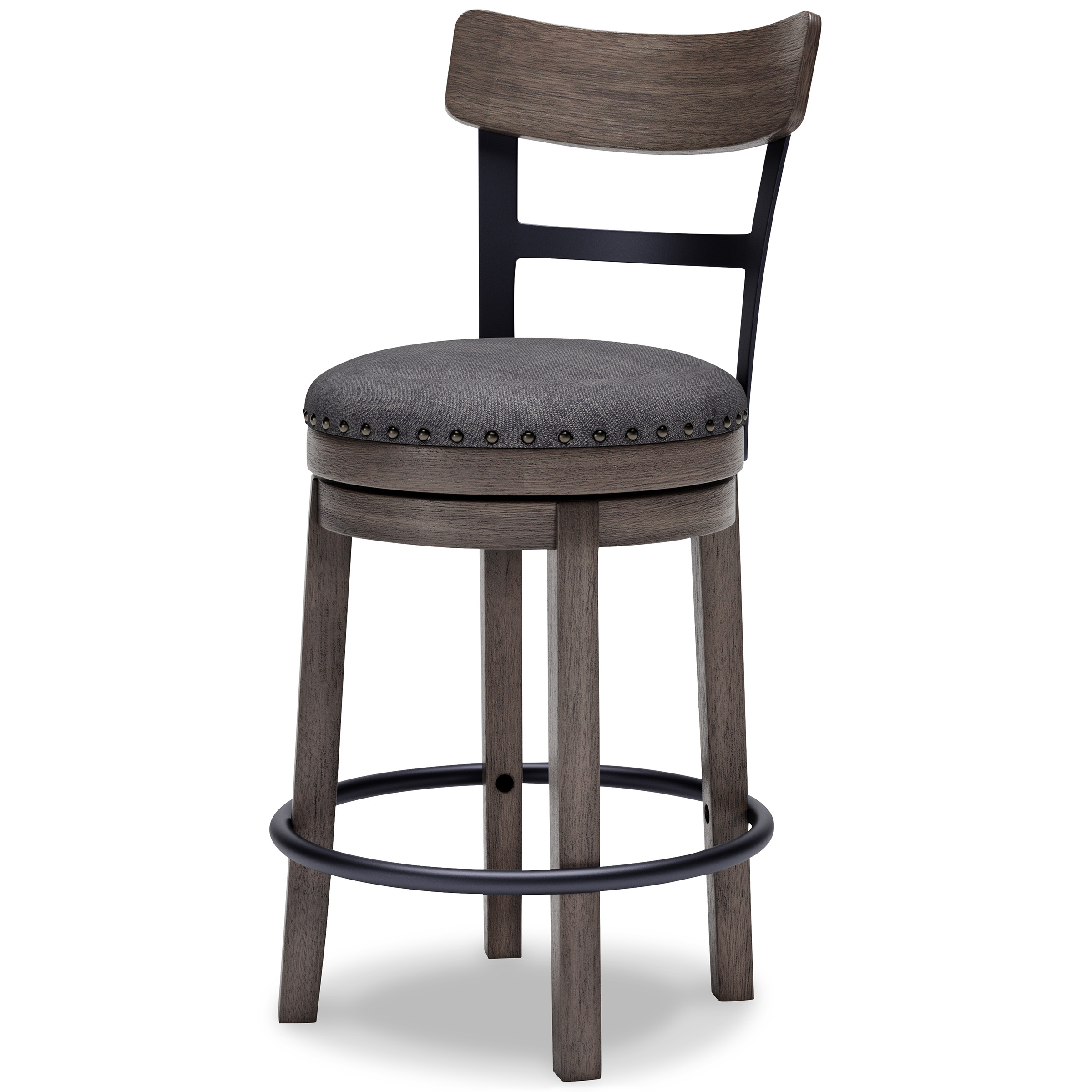 Caitbrook Gray Wood Swivel Barstool with Upholstered Back