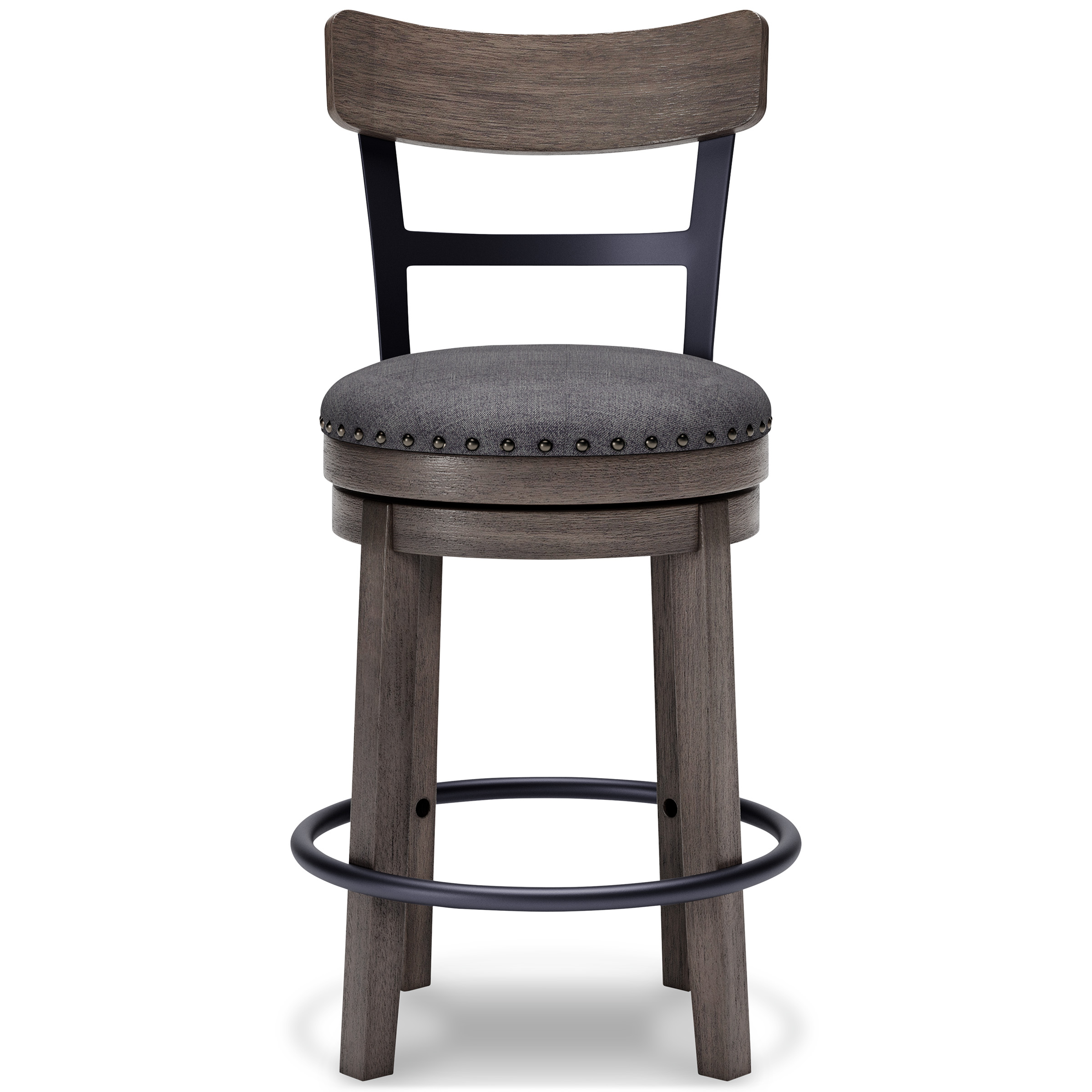 Caitbrook Gray Wood Swivel Barstool with Upholstered Back