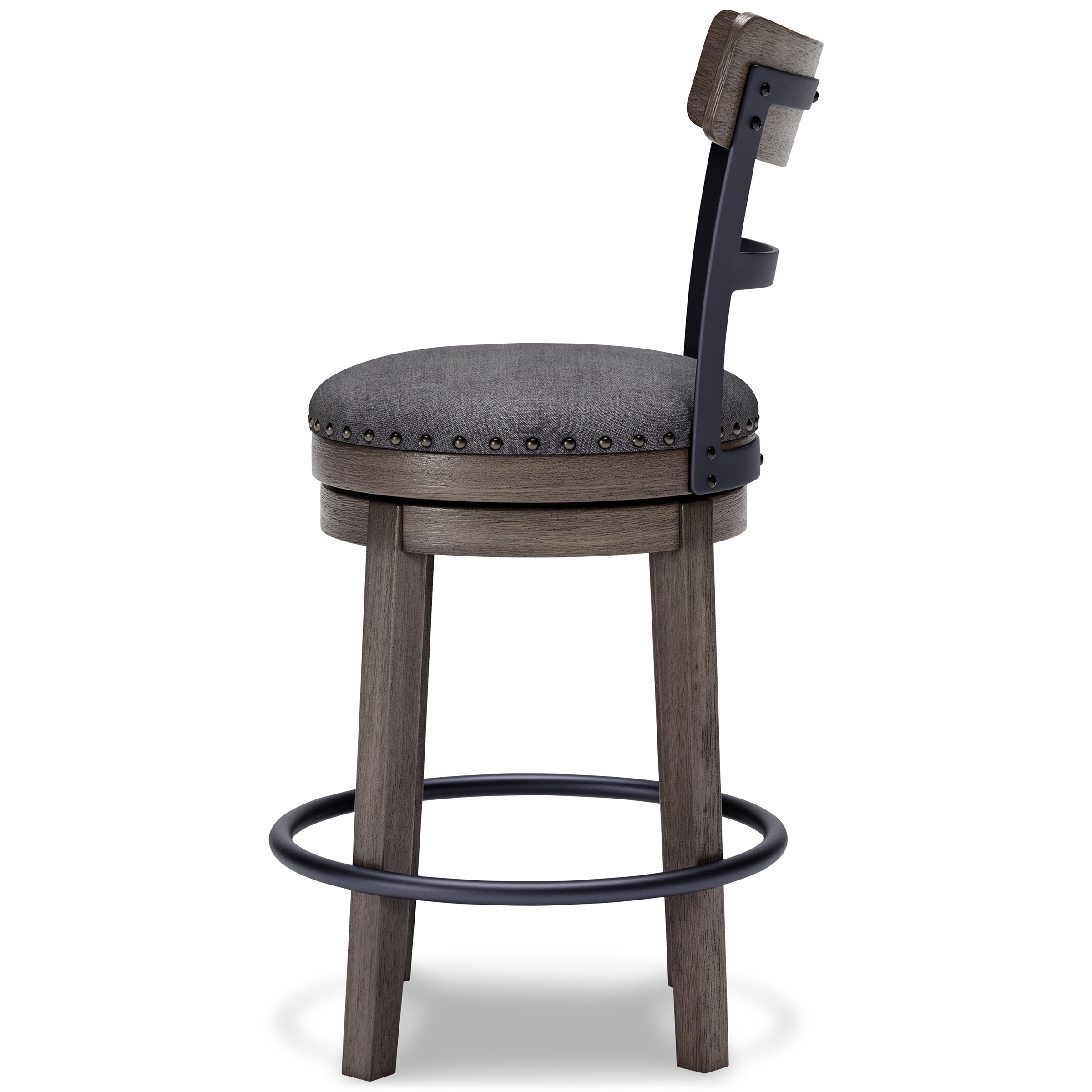 Caitbrook Gray Wood Swivel Barstool with Upholstered Back