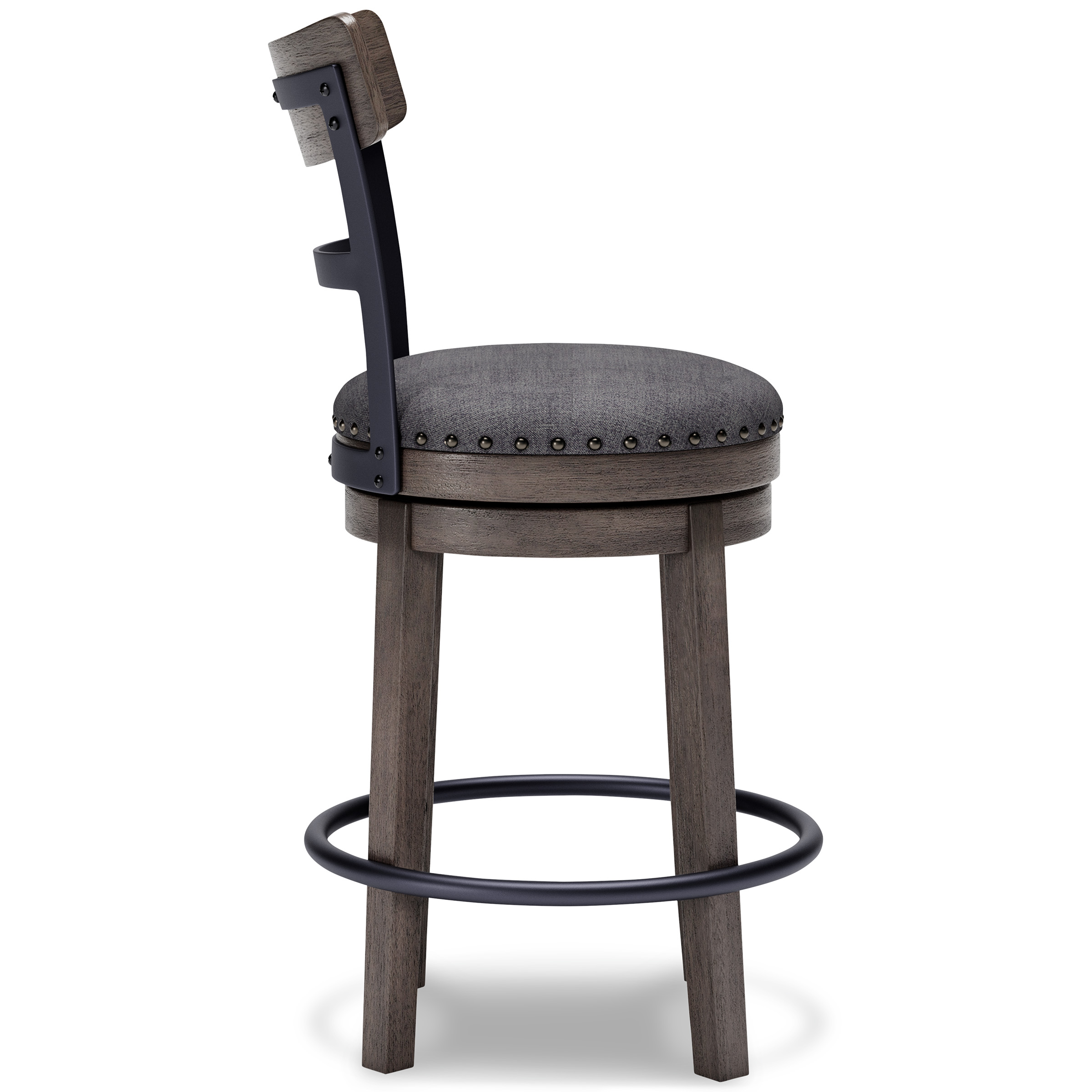 Caitbrook Gray Wood Swivel Barstool with Upholstered Back