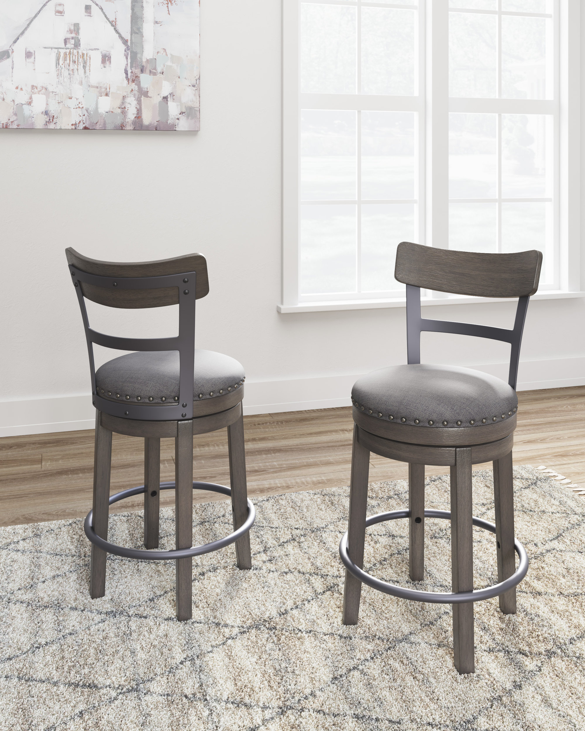 Caitbrook Gray Wood Swivel Barstool with Upholstered Back