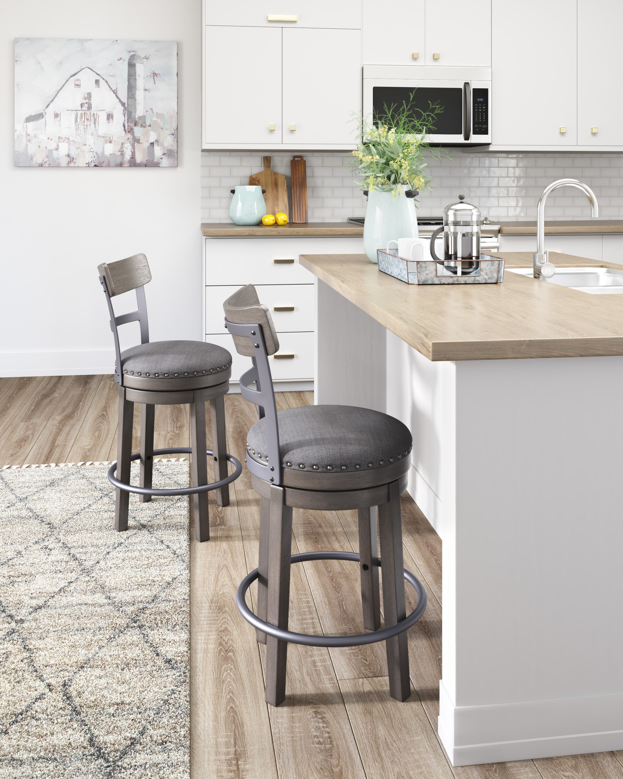 Caitbrook Gray Wood Swivel Barstool with Upholstered Back