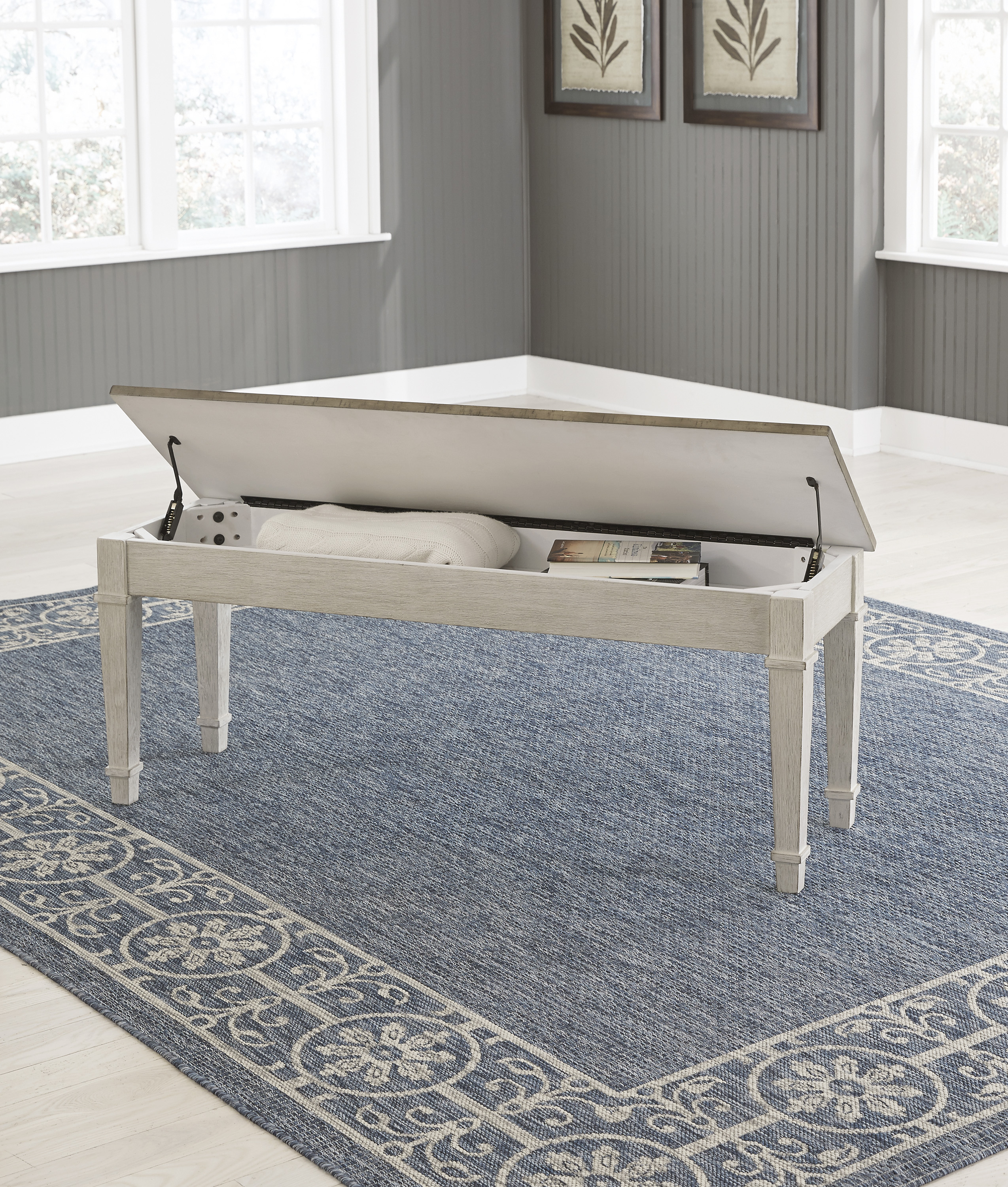 Skempton Wood Storage Bench | White & Light Brown Two-Tone
