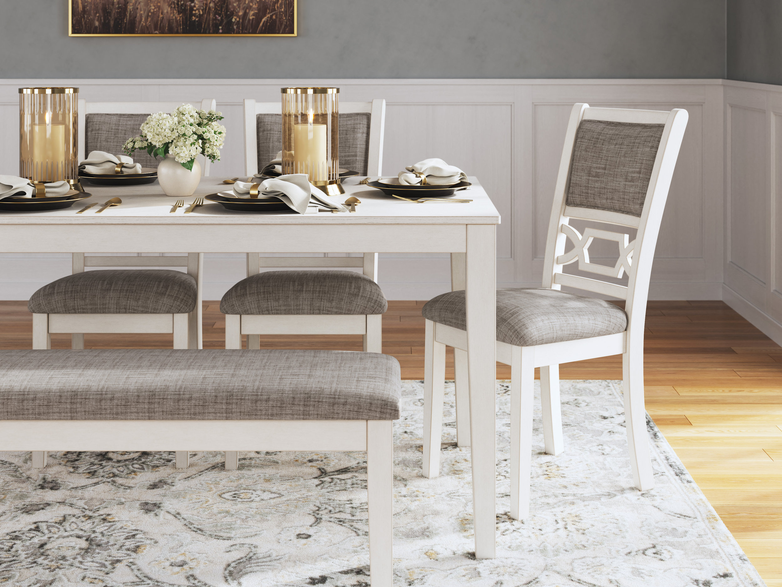 Erinberg 6-Piece Dining Set - Antique White Table & Bench | Sohomod