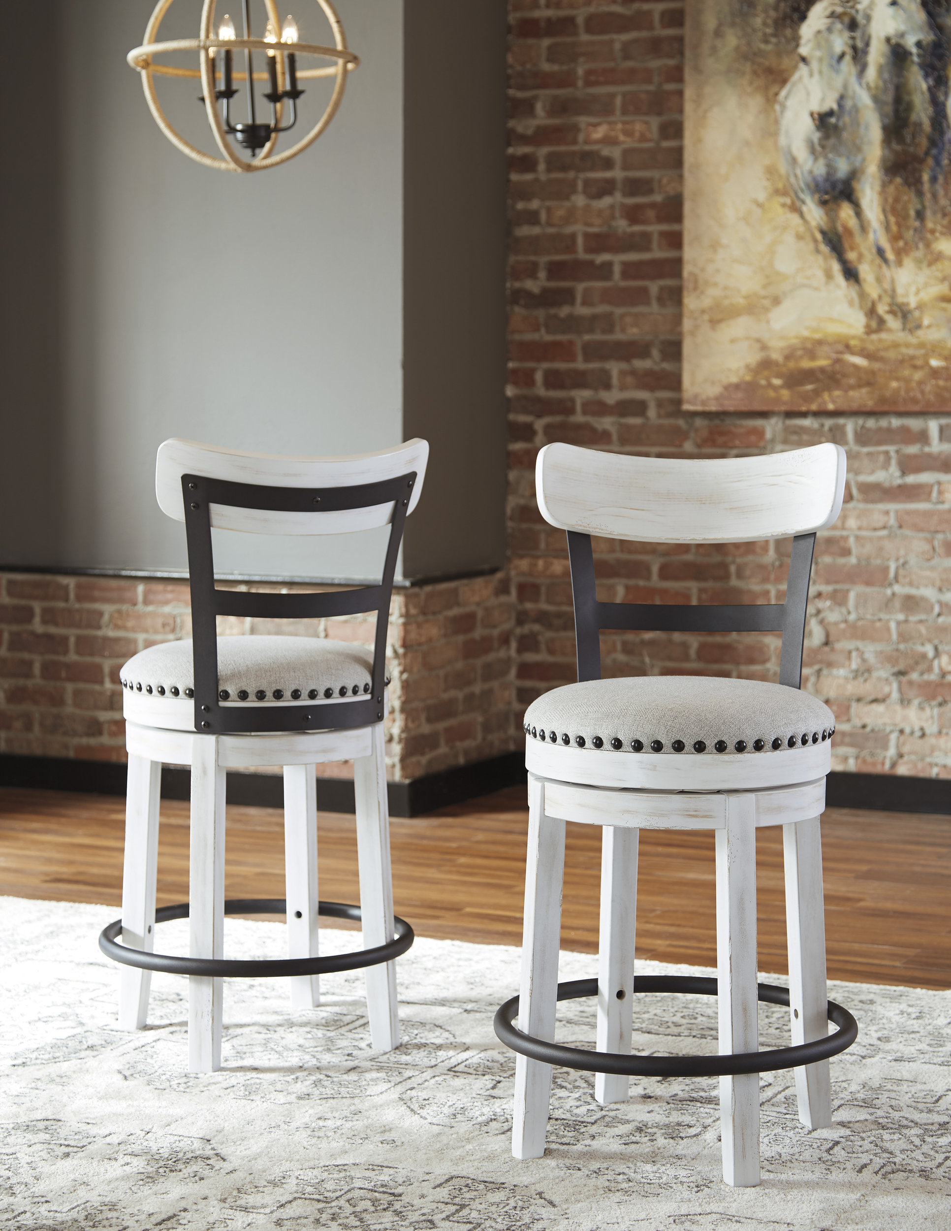 Valebeck Swivel Barstool - Upholstered Back Wood & Metal | Sohomod