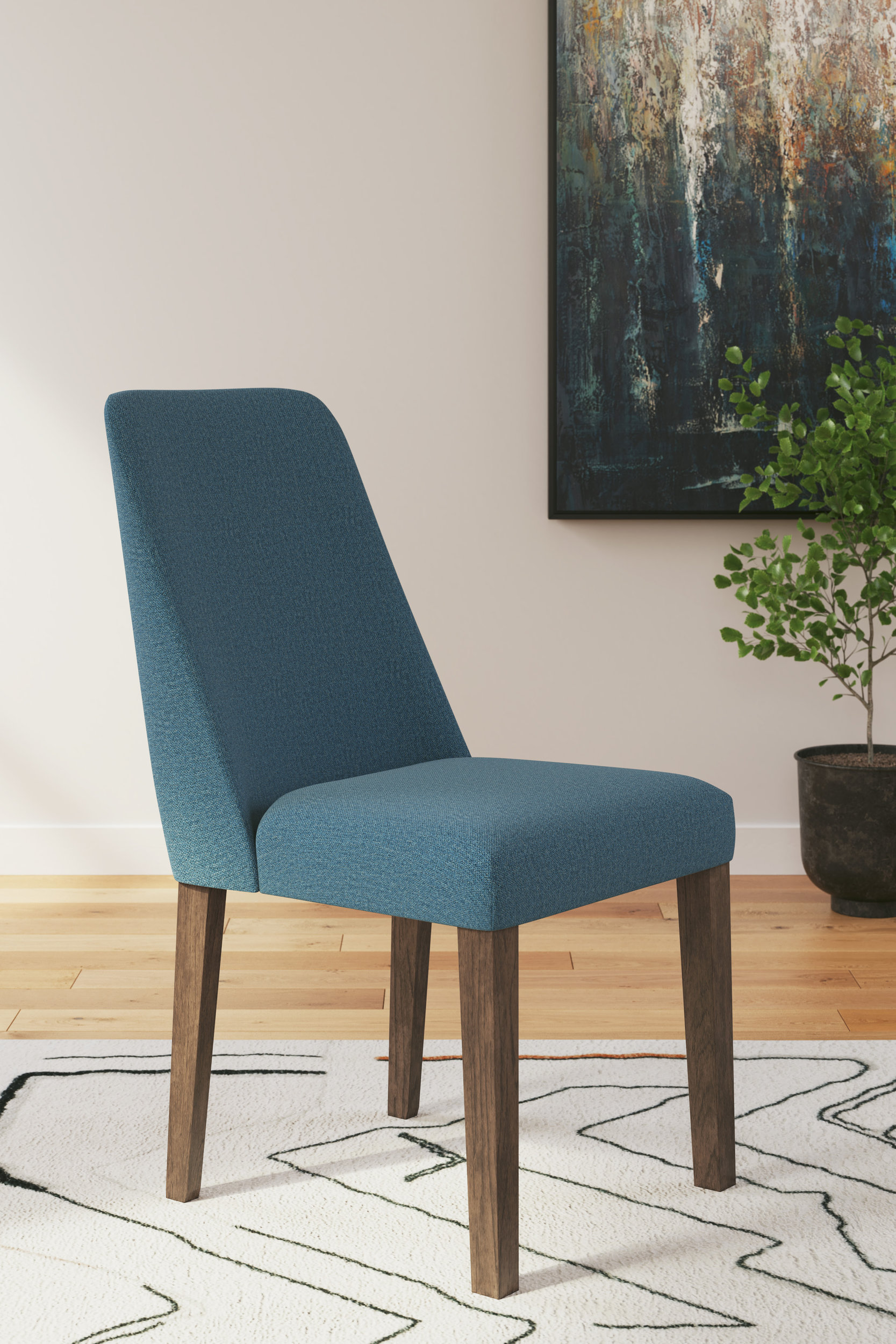 Lyncott Mid-Century Dining Side Chair | Blue Fabric & Brown Wood