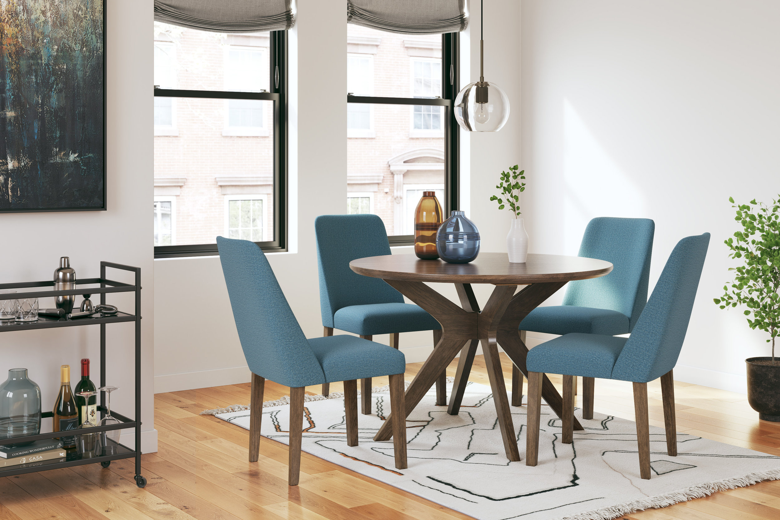 Lyncott Mid-Century Dining Side Chair | Blue Fabric & Brown Wood