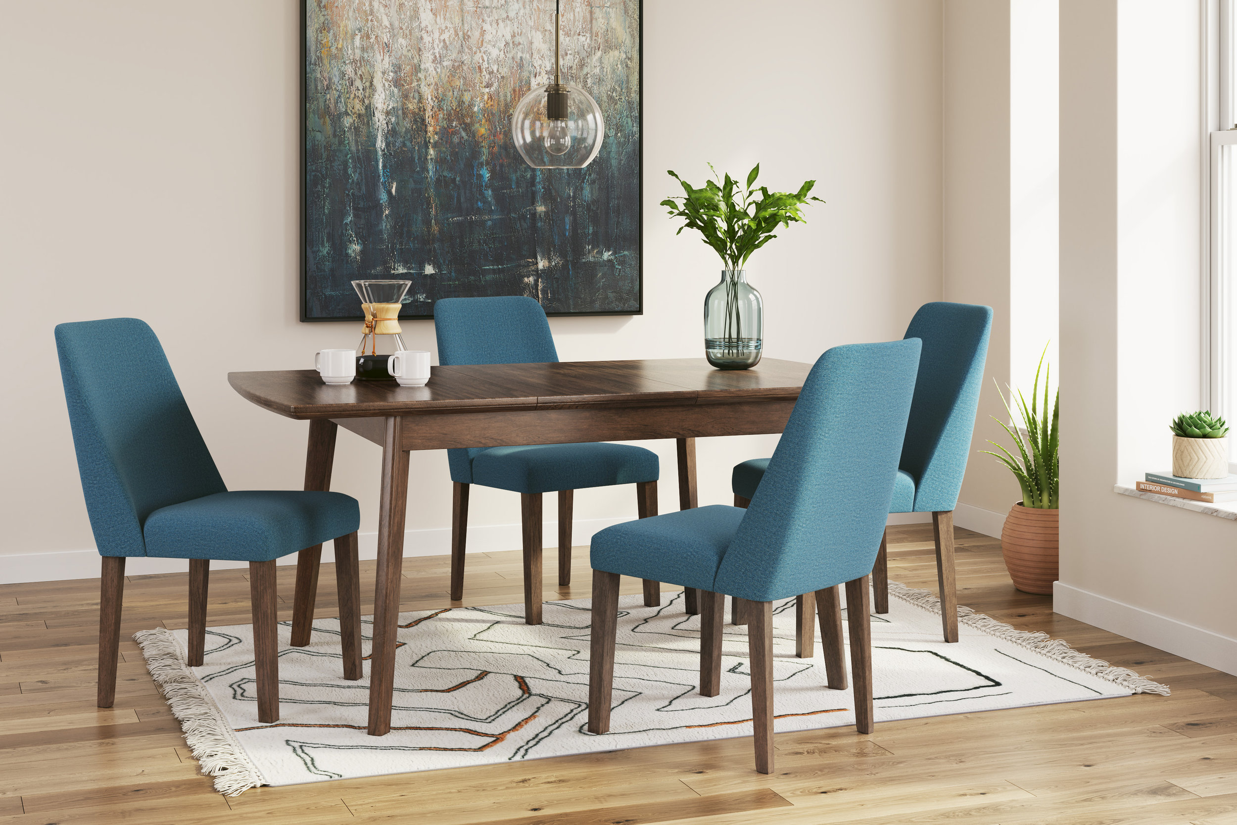 Lyncott Mid-Century Dining Side Chair | Blue Fabric & Brown Wood