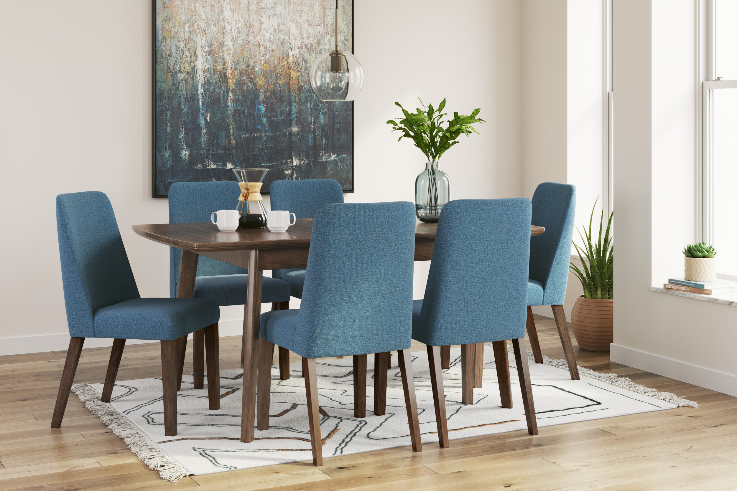 Lyncott Mid-Century Dining Side Chair | Blue Fabric & Brown Wood