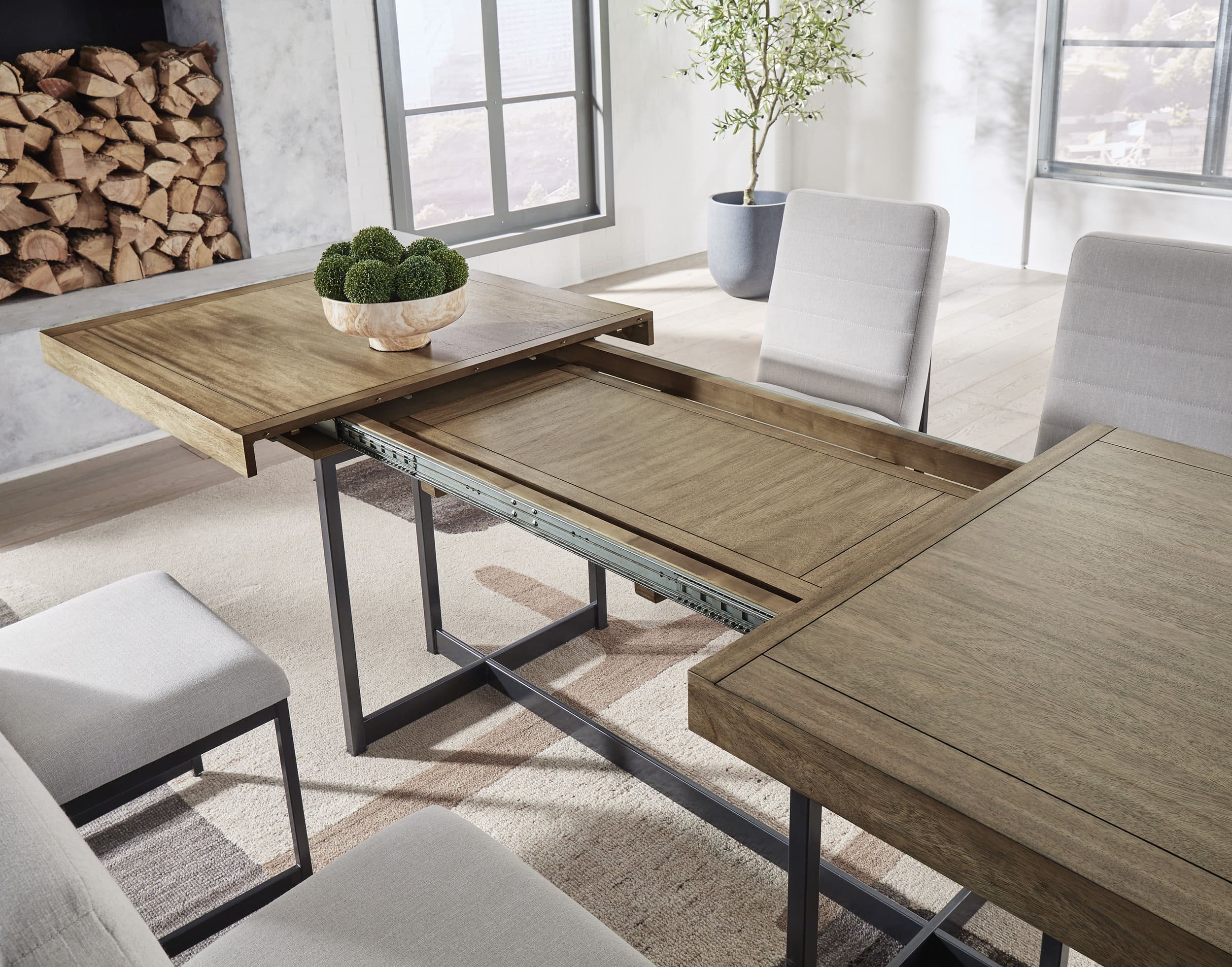 Tomtyn Extendable Dining Table - Light Brown Wood & Metal | Seats 8