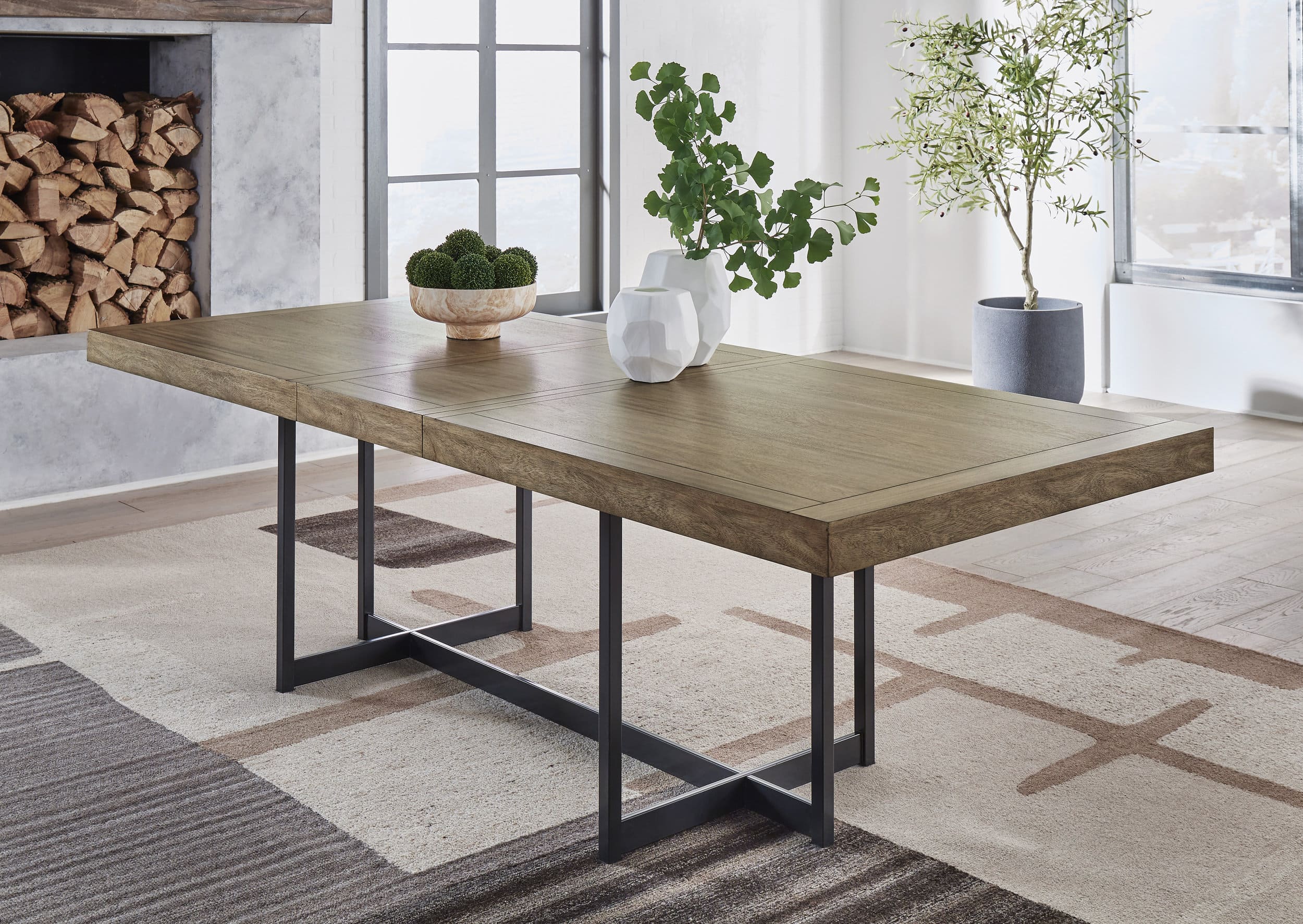 Tomtyn Extendable Dining Table - Light Brown Wood & Metal | Seats 8