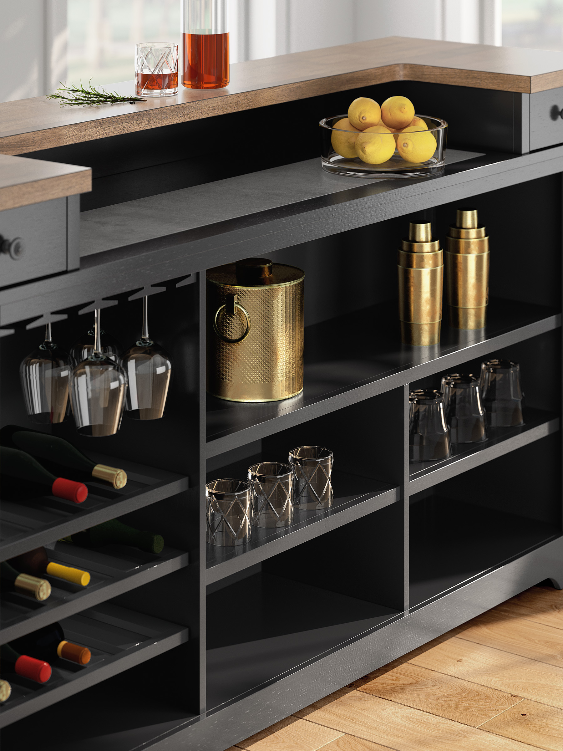 Wildenauer Home Bar Unit | Wood & Metal with Storage Drawers