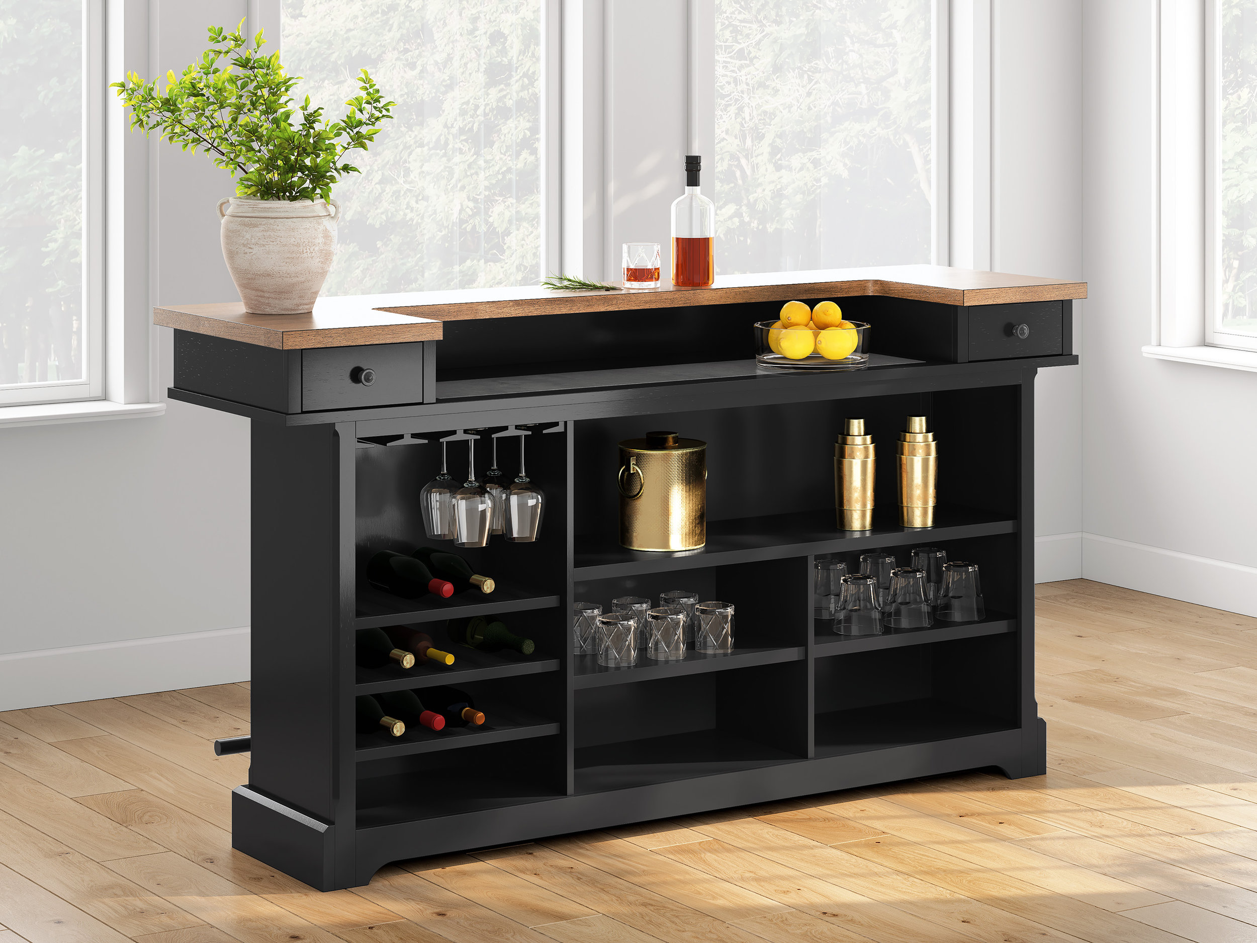 Wildenauer Home Bar Unit | Wood & Metal with Storage Drawers