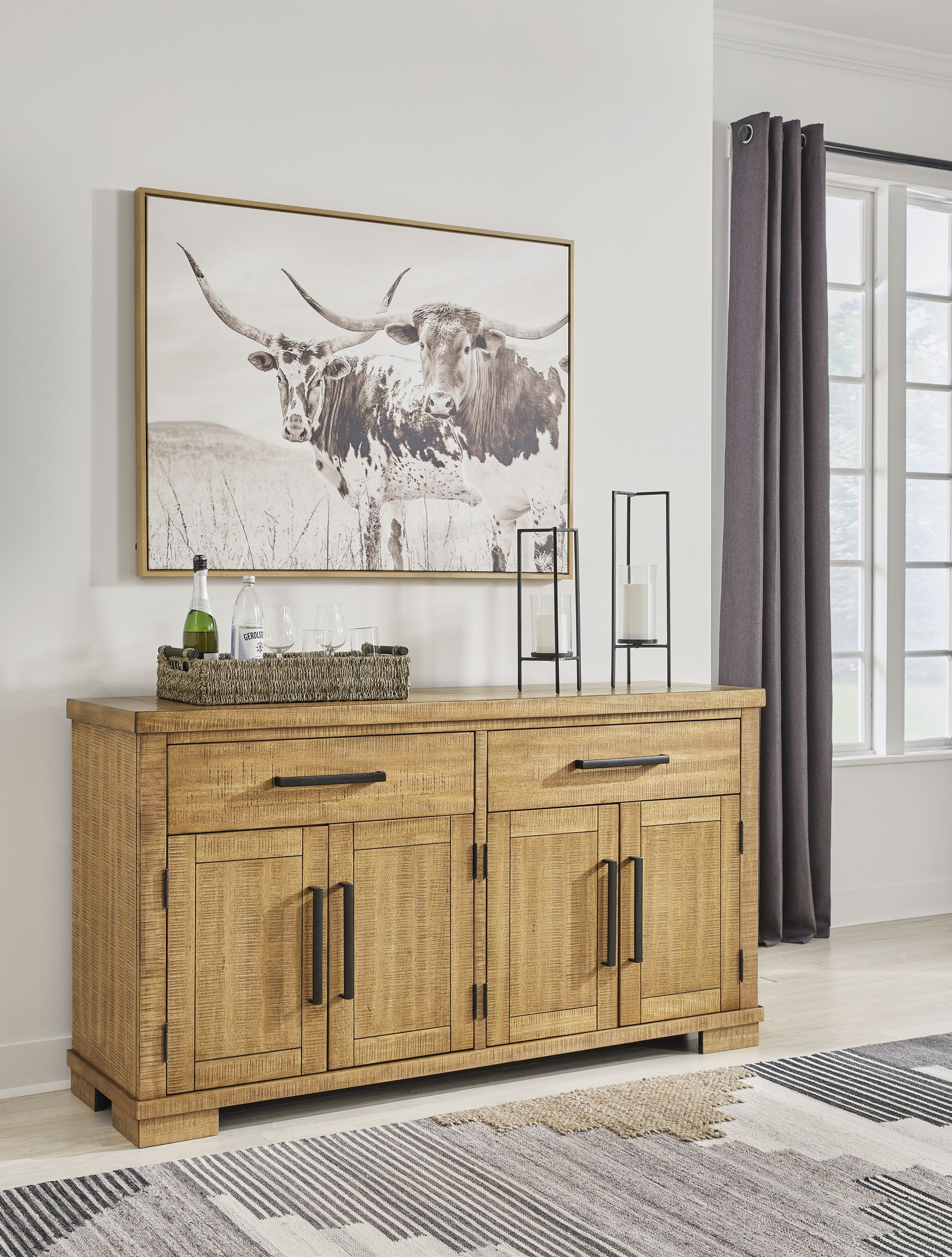 Havonplane Rustic Wood Dining Server - 4-Door Buffet Cabinet