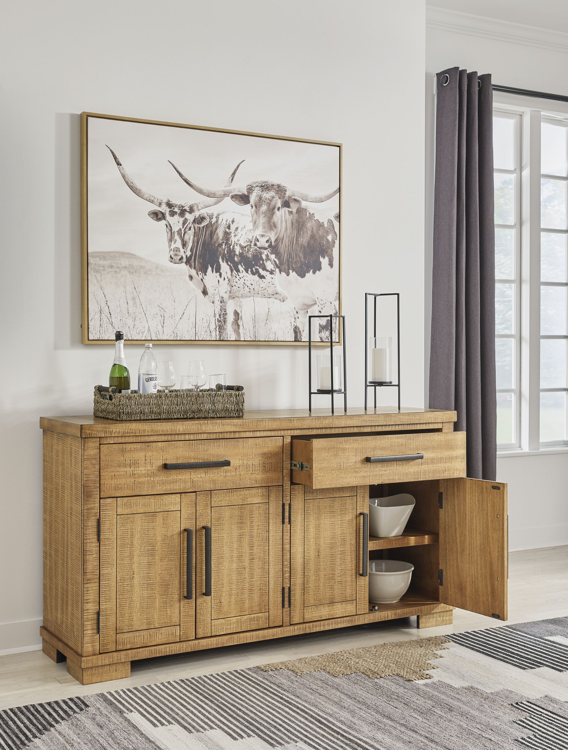 Havonplane Rustic Wood Dining Server - 4-Door Buffet Cabinet
