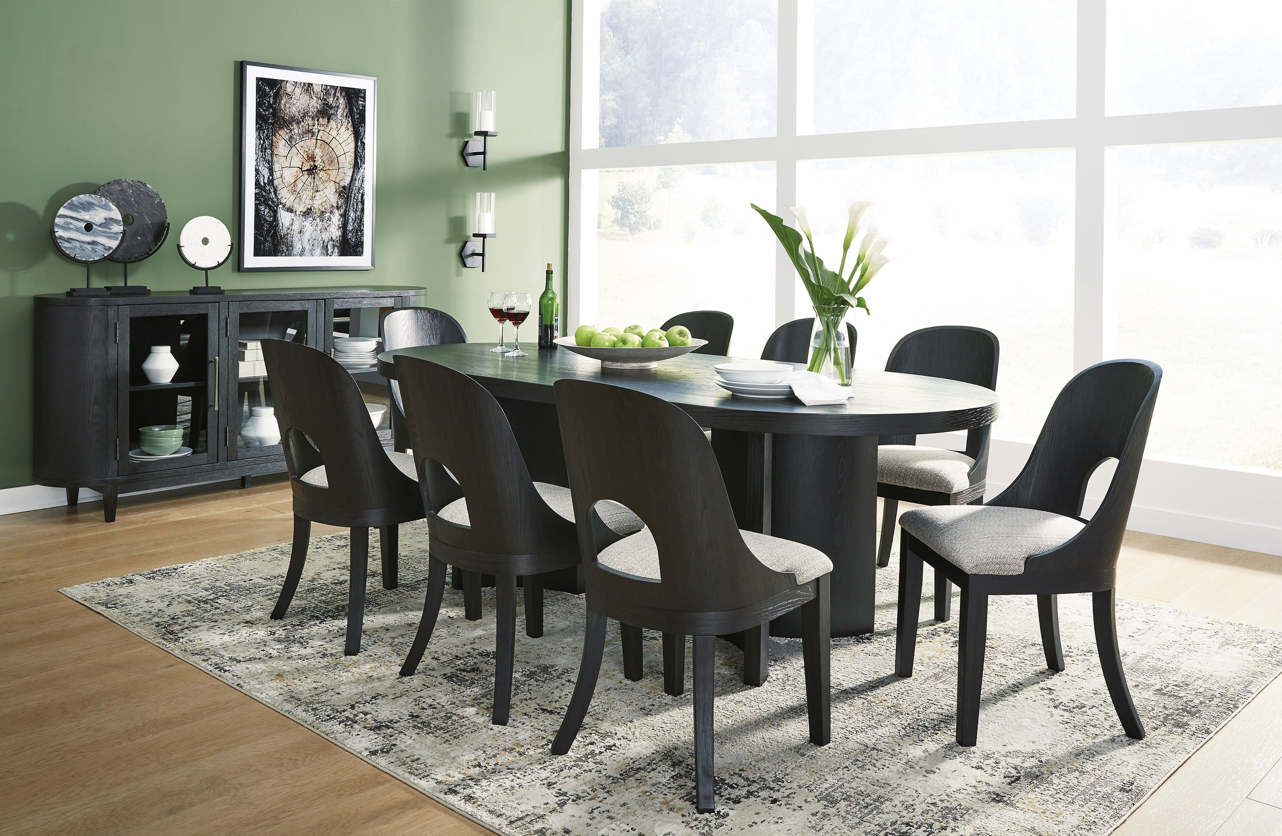 Rowanbeck Oval Wood Dining Set - Black Finish | Ashley Furniture