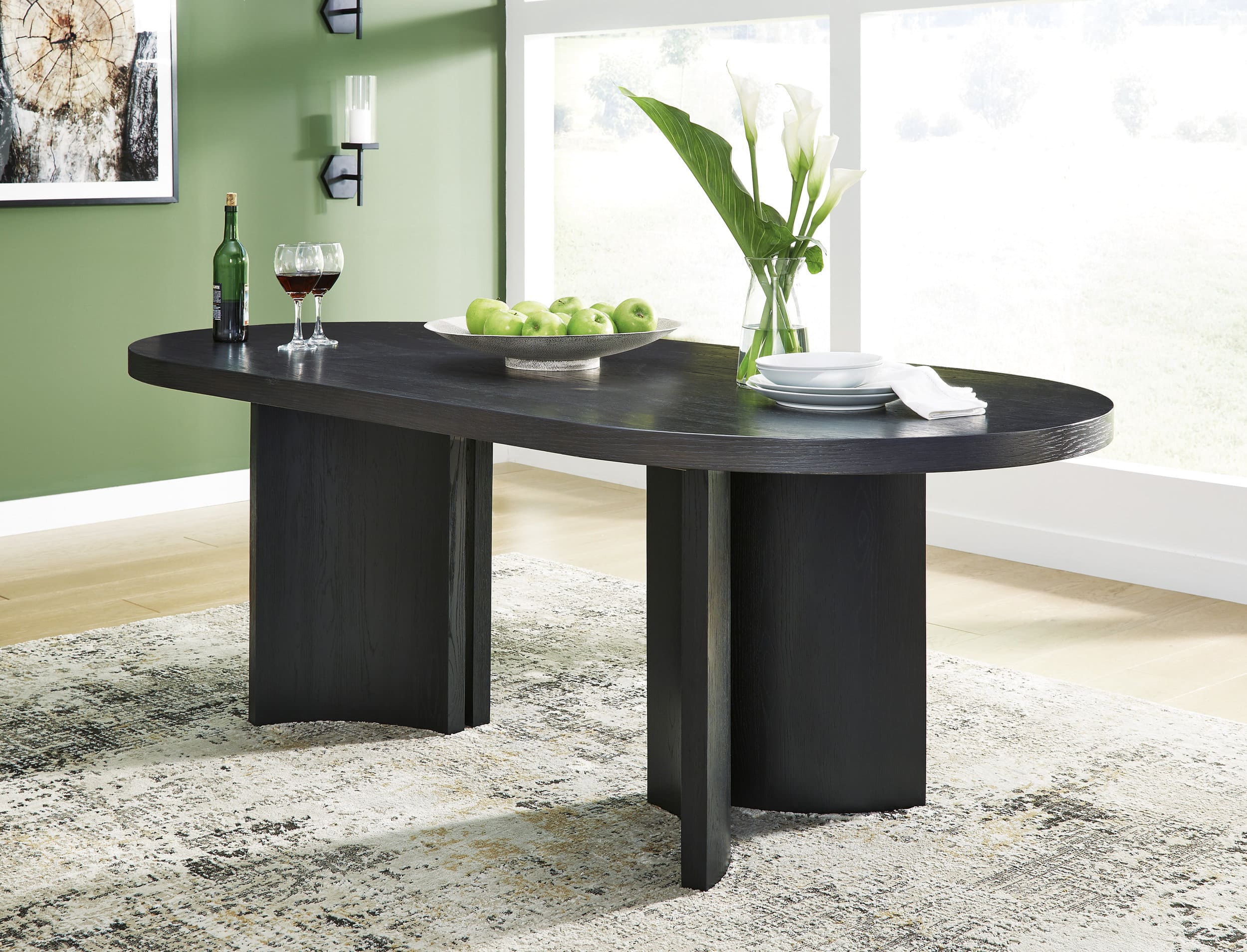 Rowanbeck Oval Wood Dining Set - Black Finish | Ashley Furniture