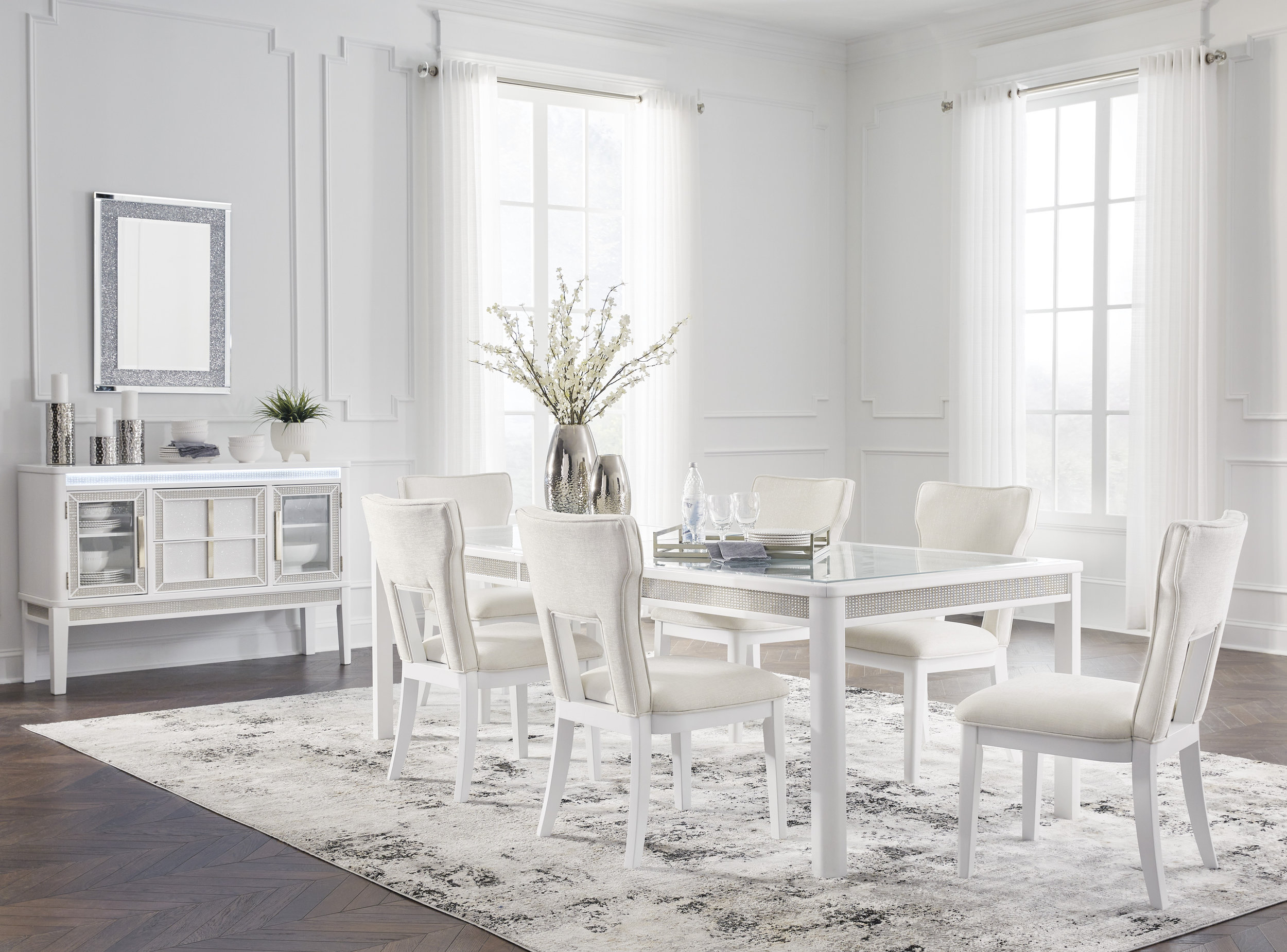 Chalanna Rectangular Extendable Dining Room Set | White & Glass