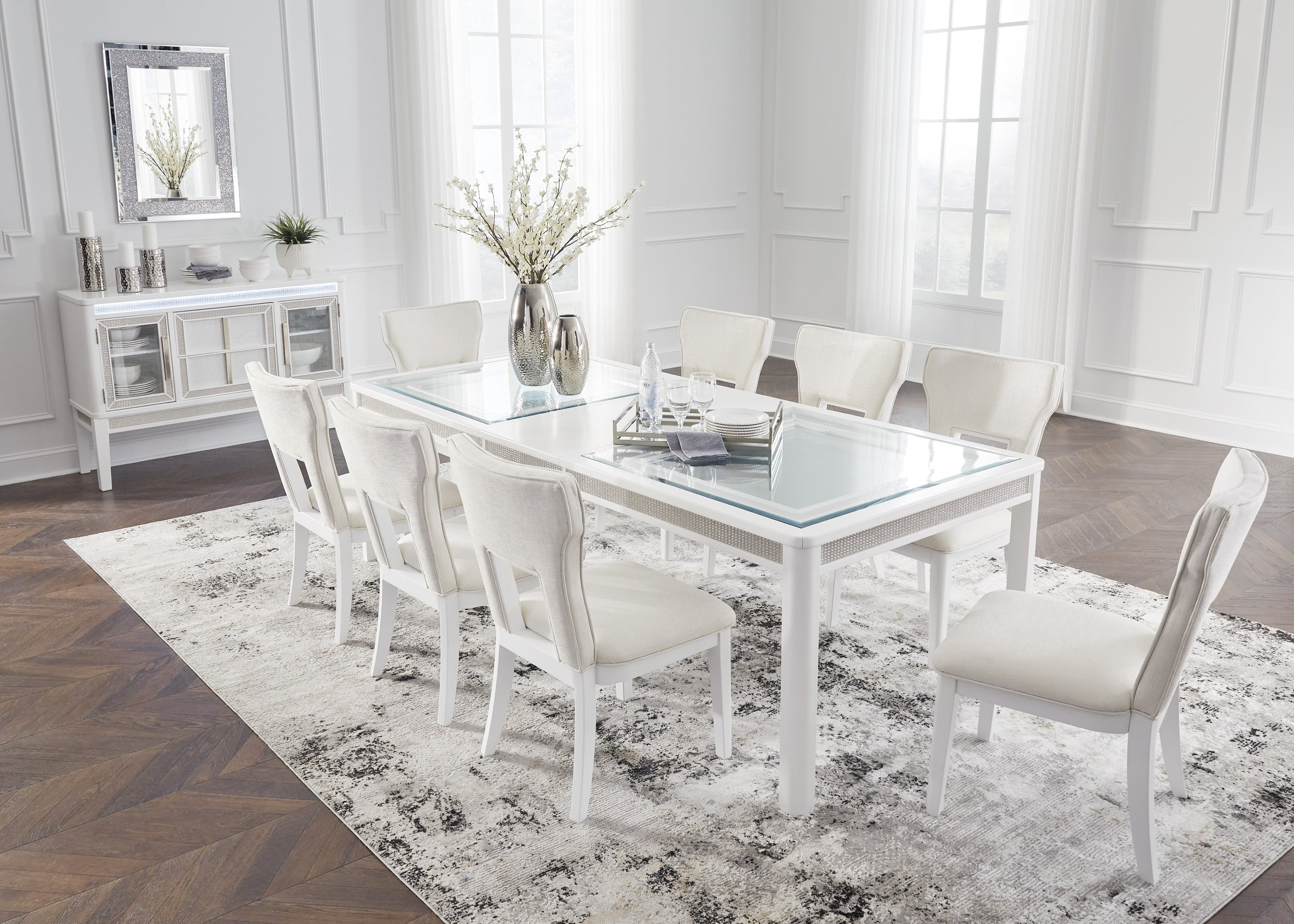 Chalanna Rectangular Extendable Dining Room Set | White & Glass