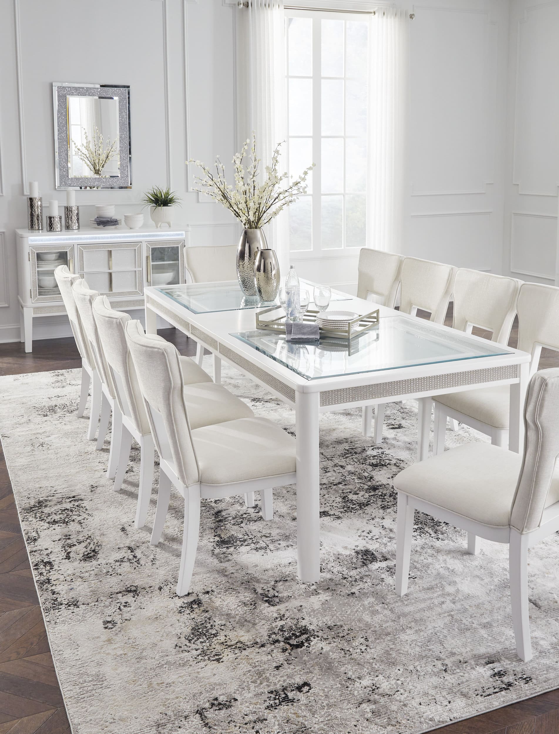 Chalanna Rectangular Extendable Dining Room Set | White & Glass