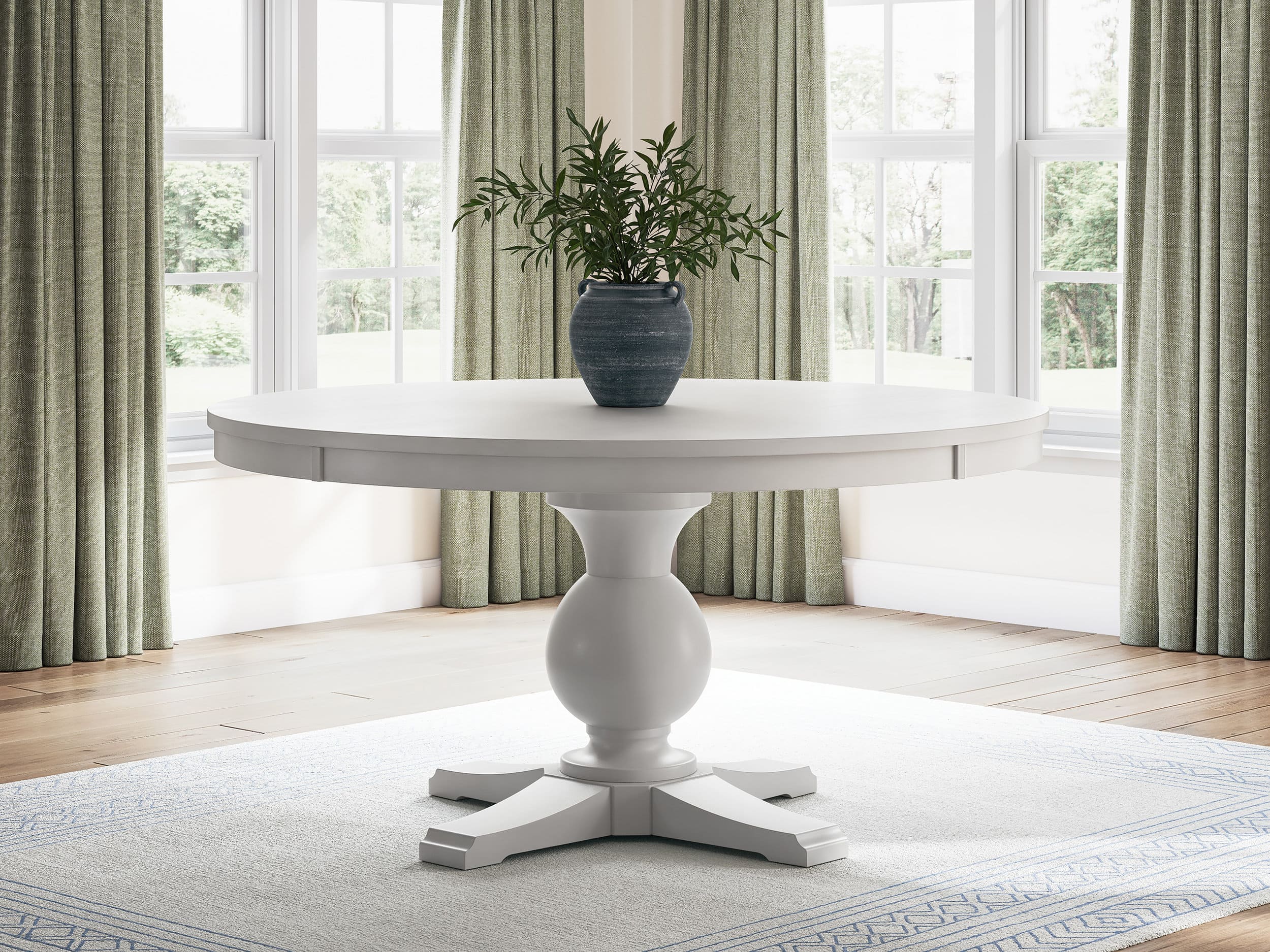 Greddinton Round White Wood Dining Table | Farmhouse Pedestal