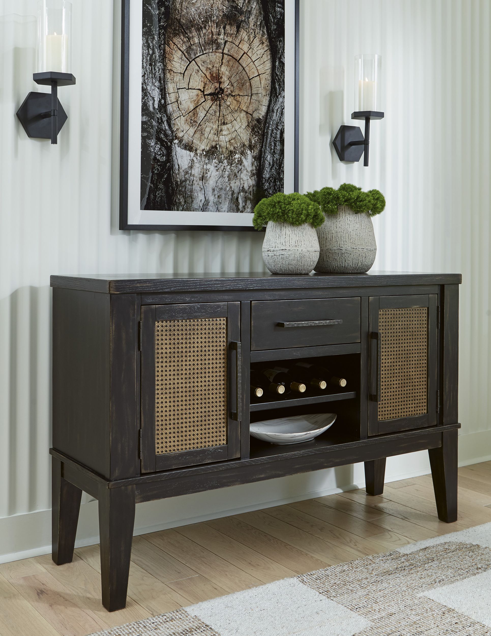 Galliden Wood Dining Room Server - Black Sideboard with Wine Rack