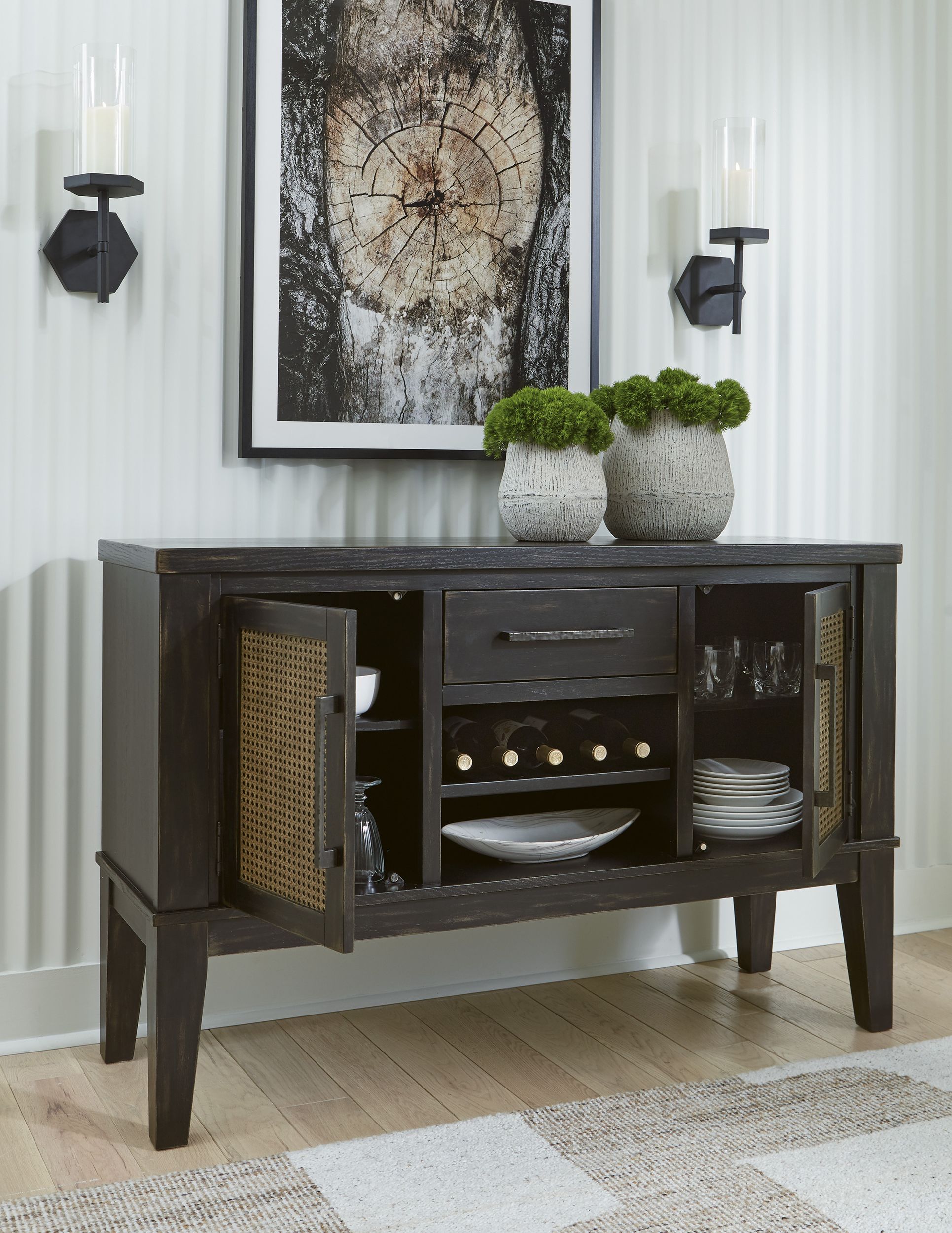 Galliden Wood Dining Room Server - Black Sideboard with Wine Rack