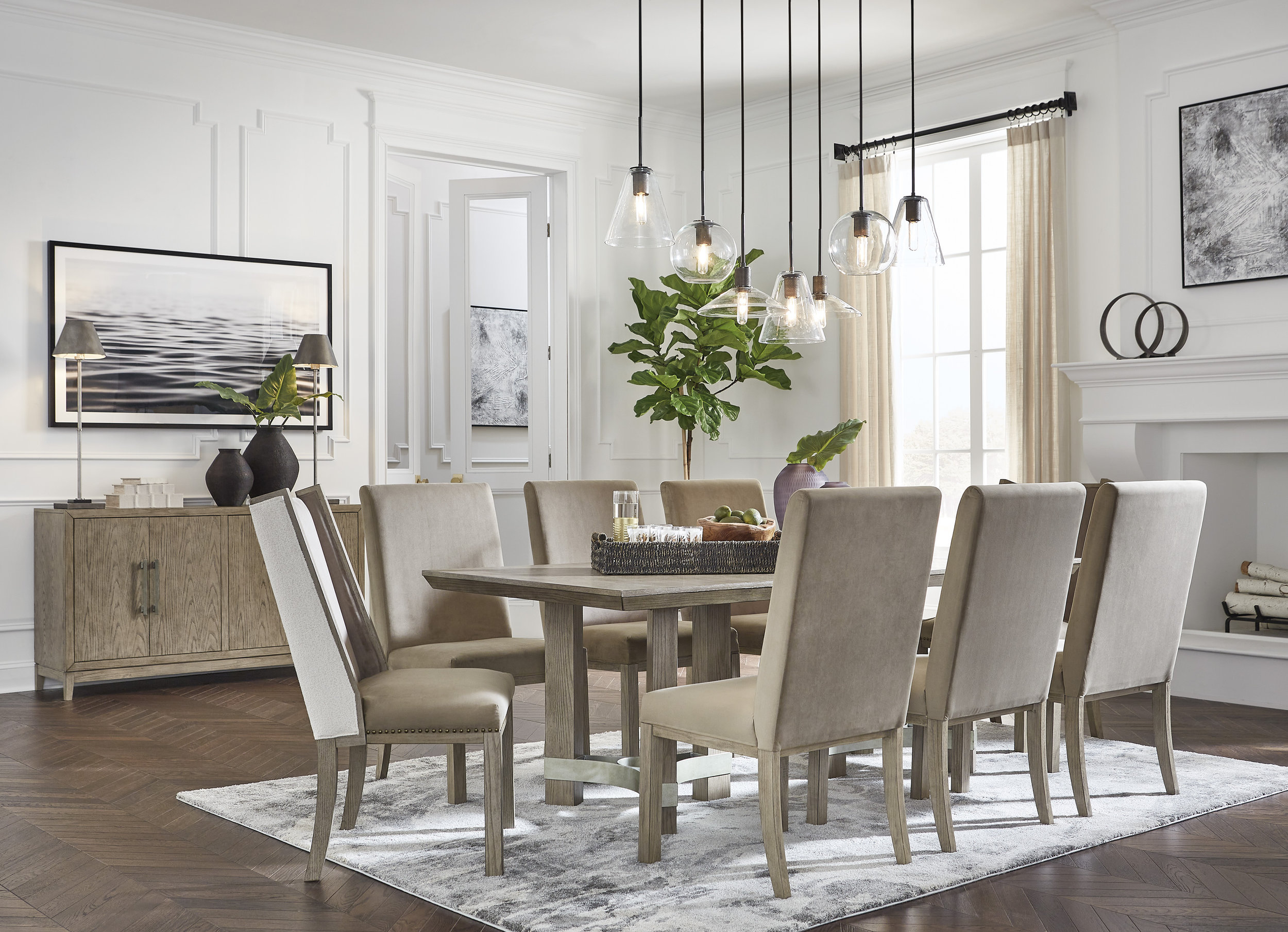 Chrestner Gray Rectangular Wood Dining Table | Double Pedestal