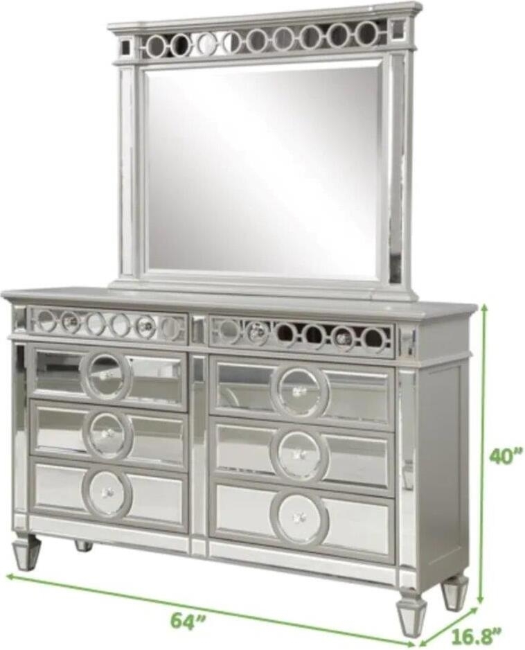 Jack Dresser with 6 Gliding Drawers & Mirror Panel Inserts, Silver