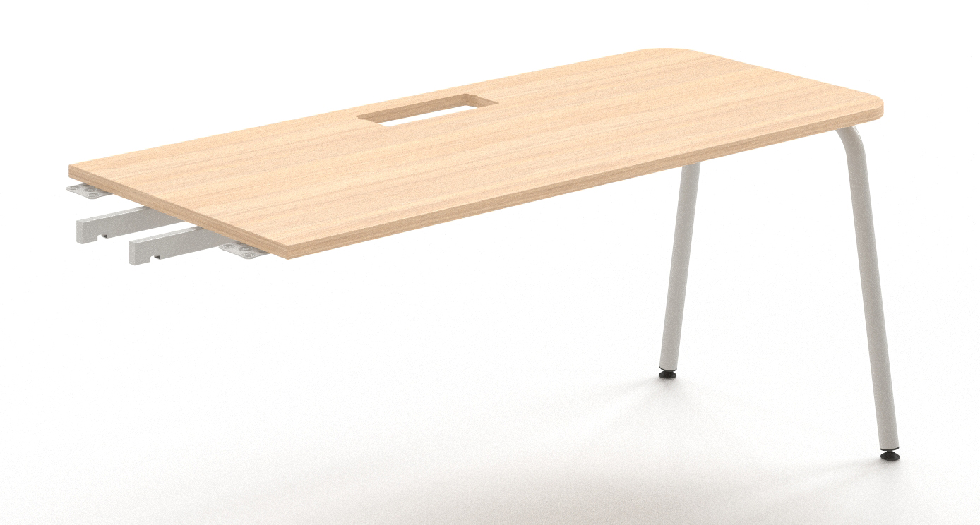 Office desk with round black metal legs and a maple-colored work surface, laminated chipboard.
