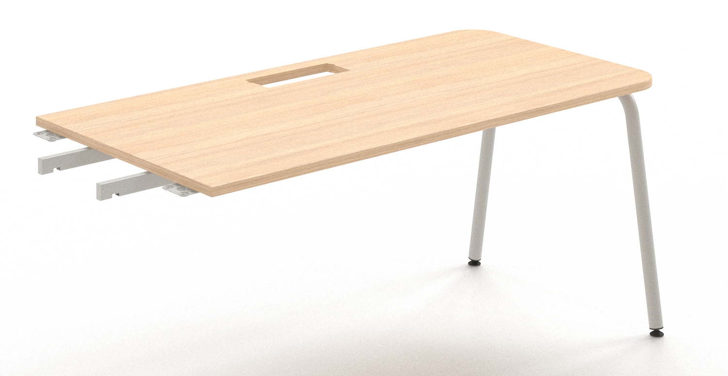 Office desk with round black metal legs and a maple-colored work surface, laminated chipboard.