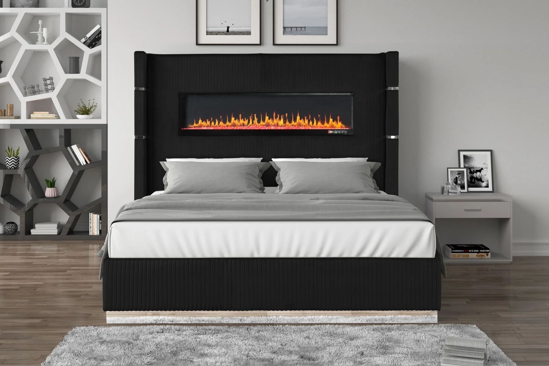 Lizelle Velvet King Size Bed with Electric Fireplace, USB Ports & Bluetooth Speakers