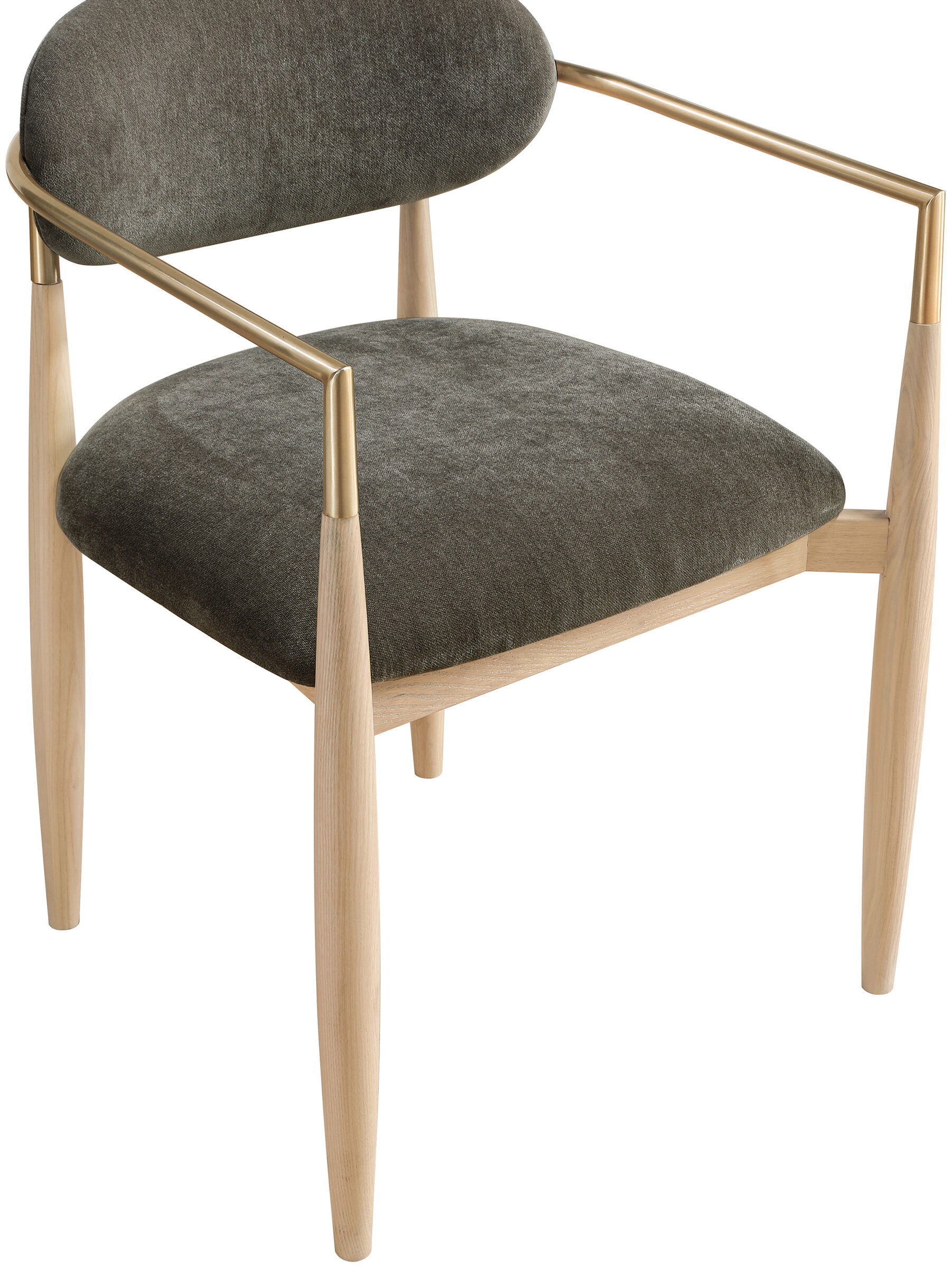 Riccio Polyester Arm Chair with Natural Wood & Brushed Brass Iron Base