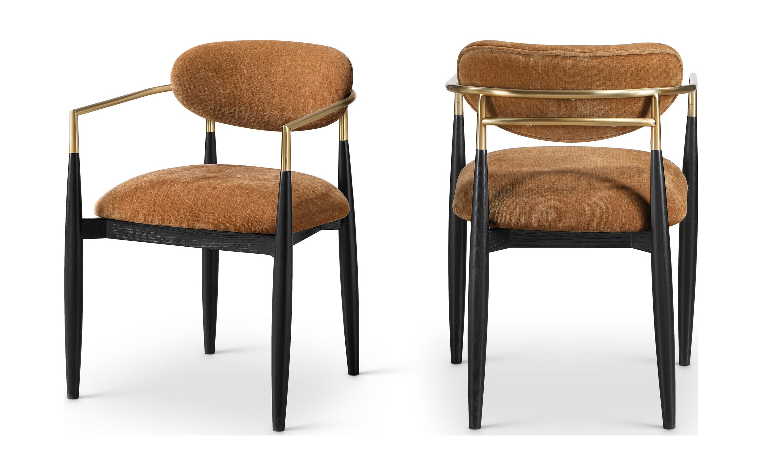Riccio Polyester Arm Chair with Black Wood & Brushed Brass Iron Base