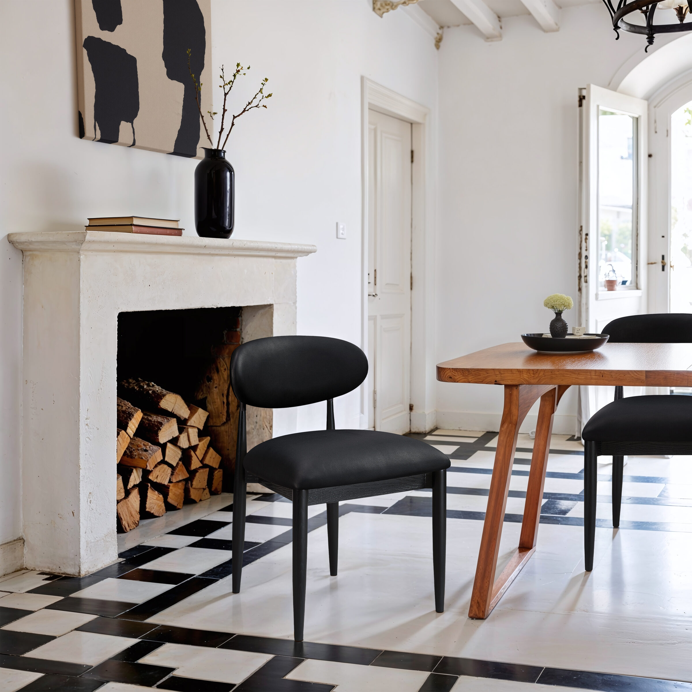 Riccio Vegan Leather Side Chair with Black Wood & Matte Black Iron Base