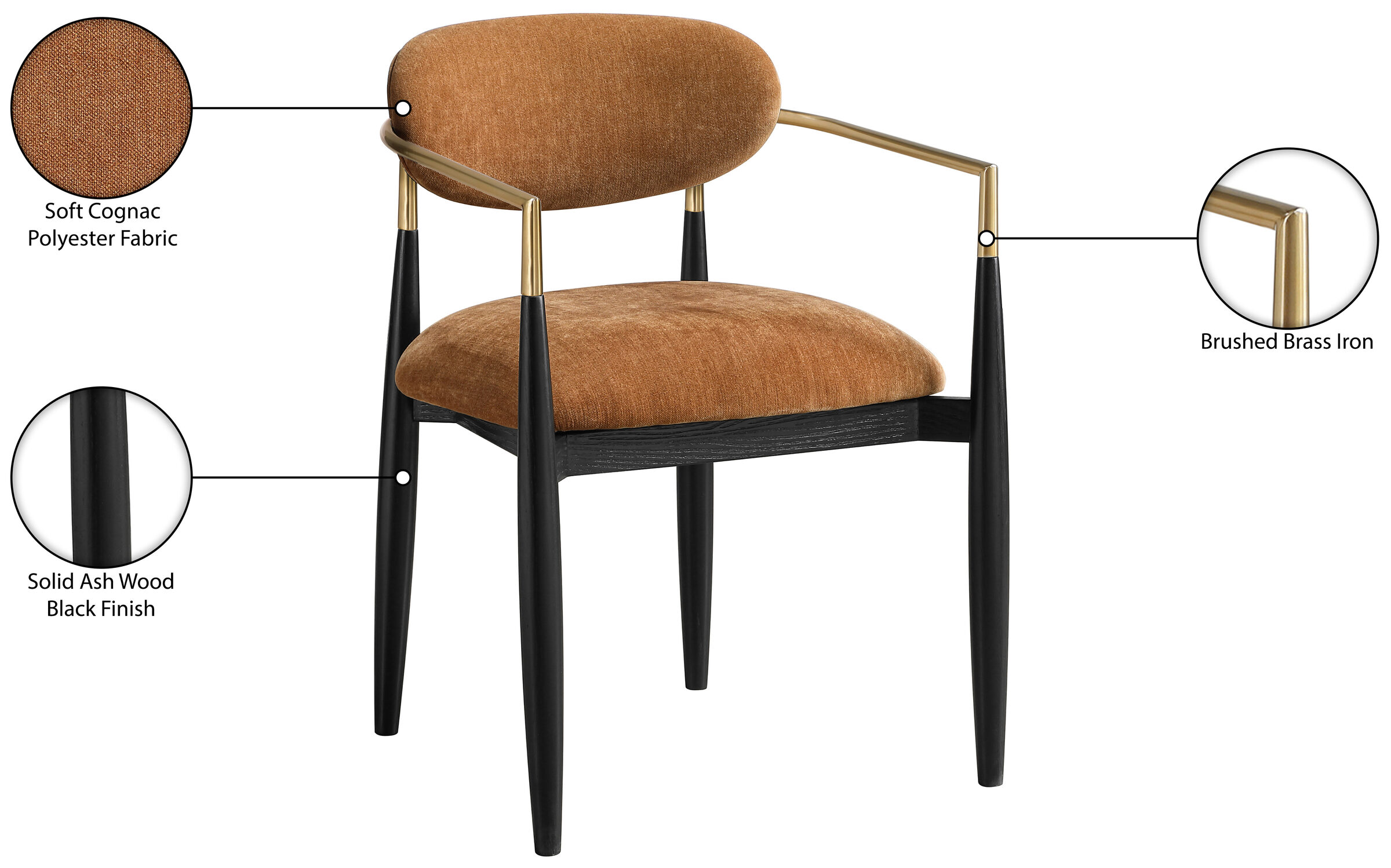 Riccio Polyester Arm Chair with Black Wood & Brushed Brass Iron Base