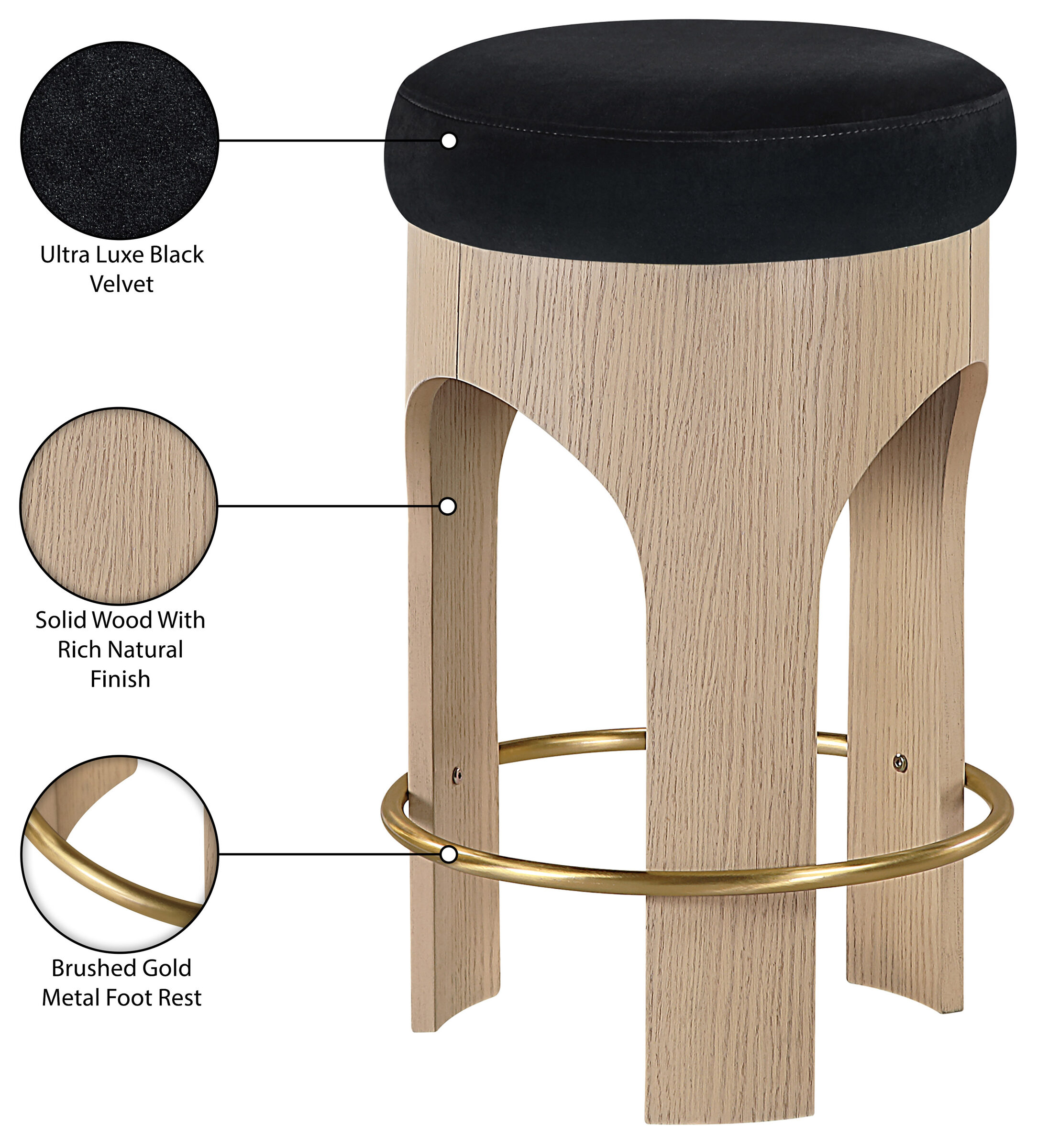 Bocceli Velvet Counter Stool with Natural Wood Base