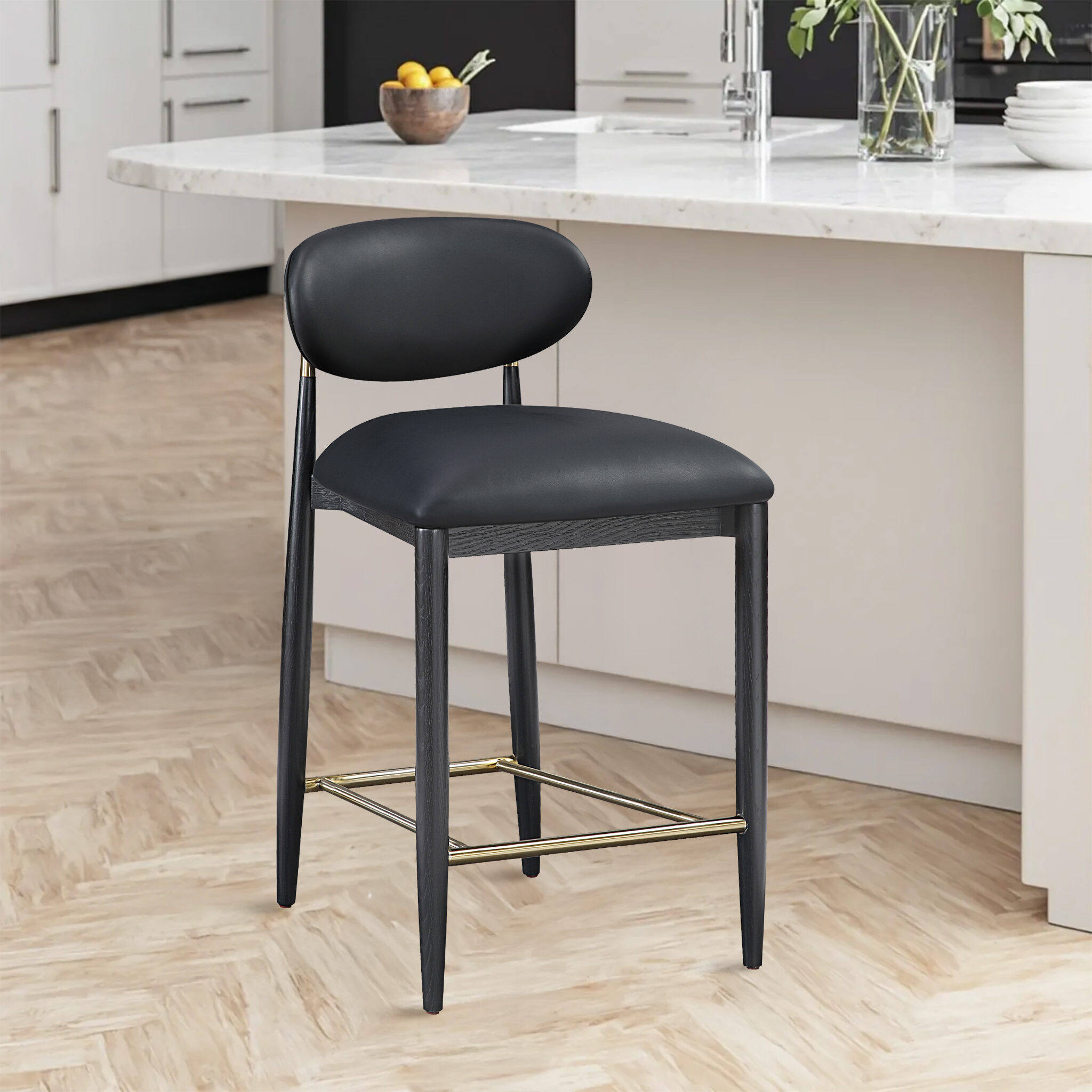 Riccio Vegan Leather Counter Stool with Black Wood & Brushed Brass Iron Base