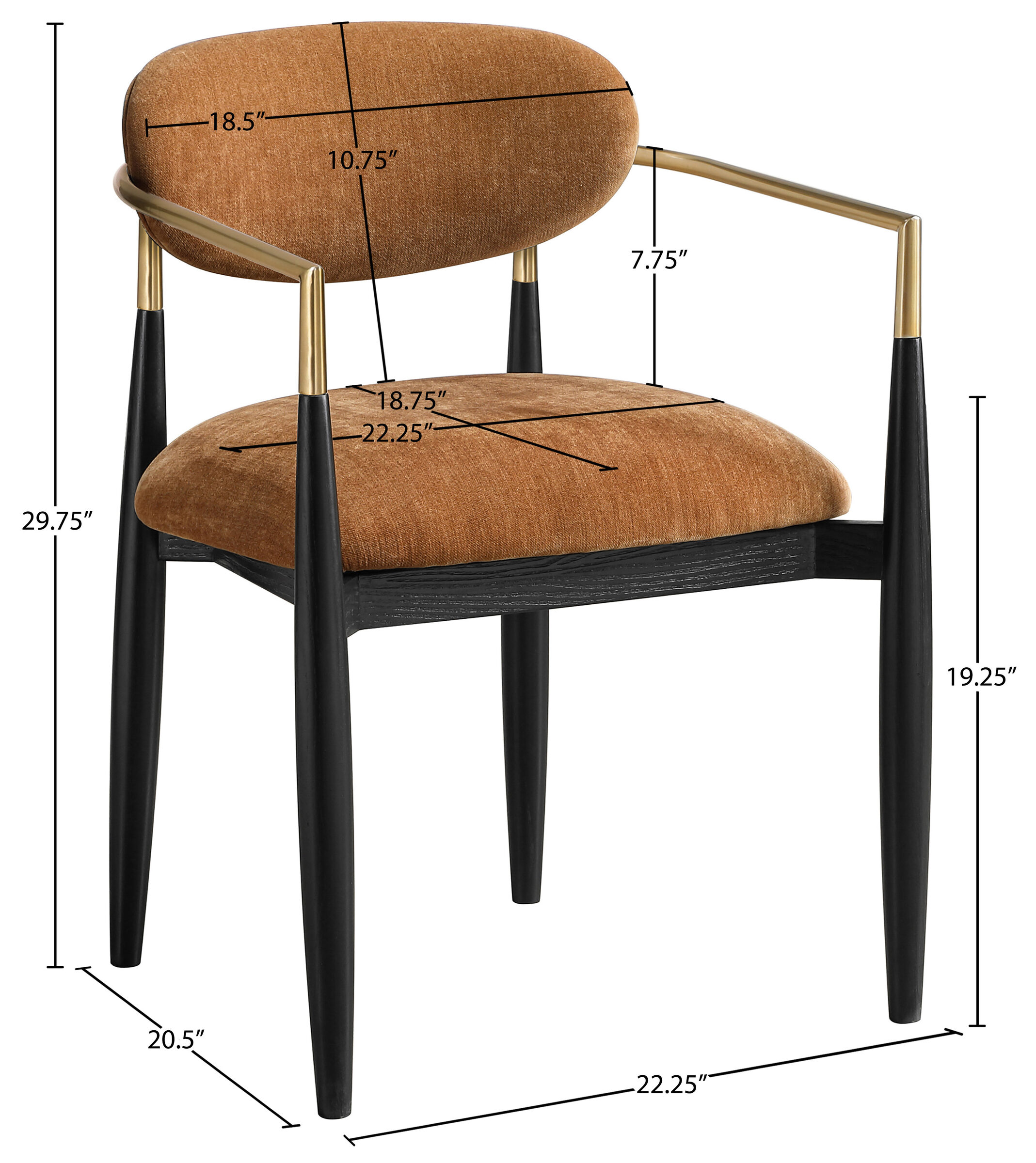Riccio Polyester Arm Chair with Black Wood & Brushed Brass Iron Base