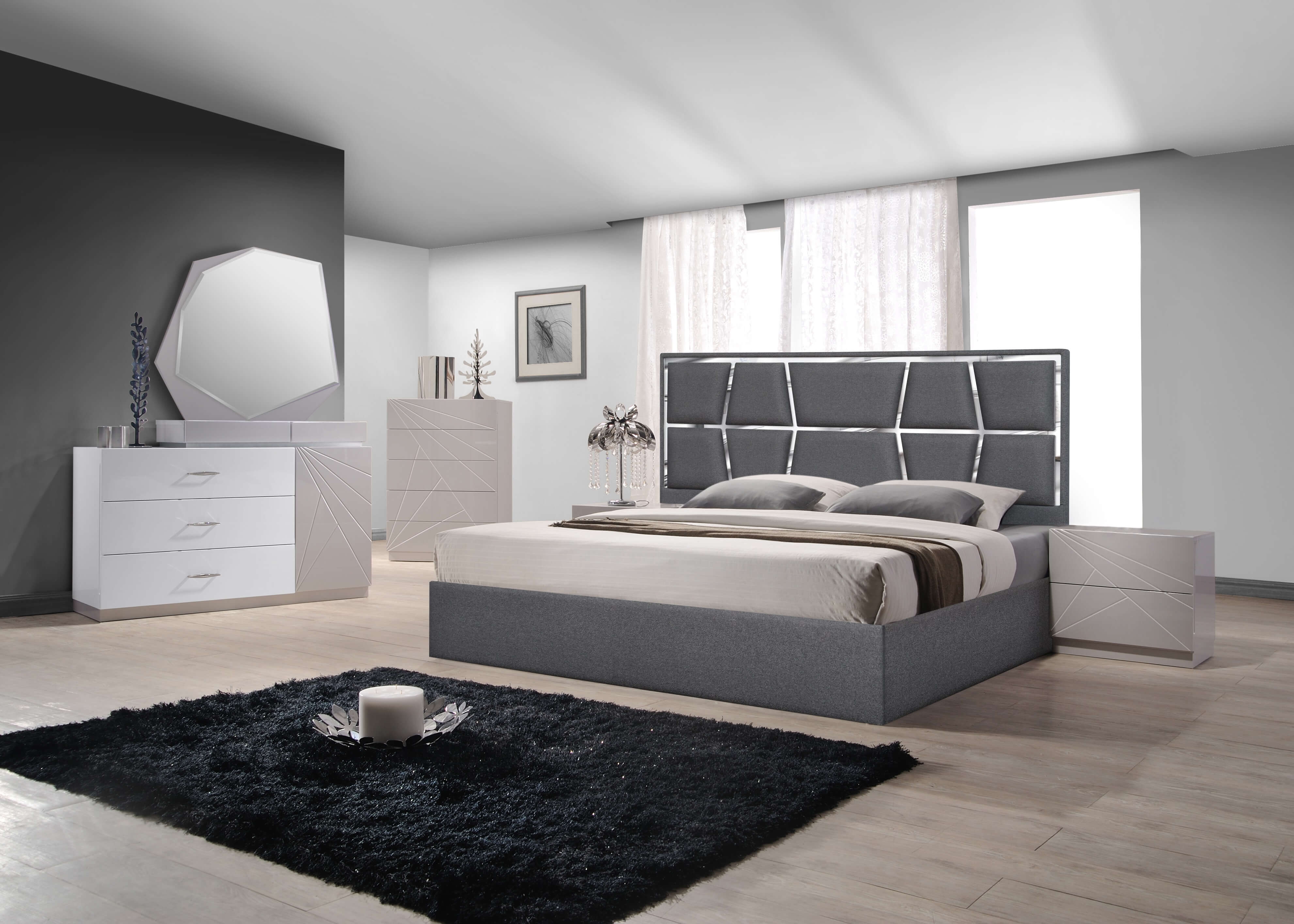Degas Fabric Platform Bed w/Mirrored Trim