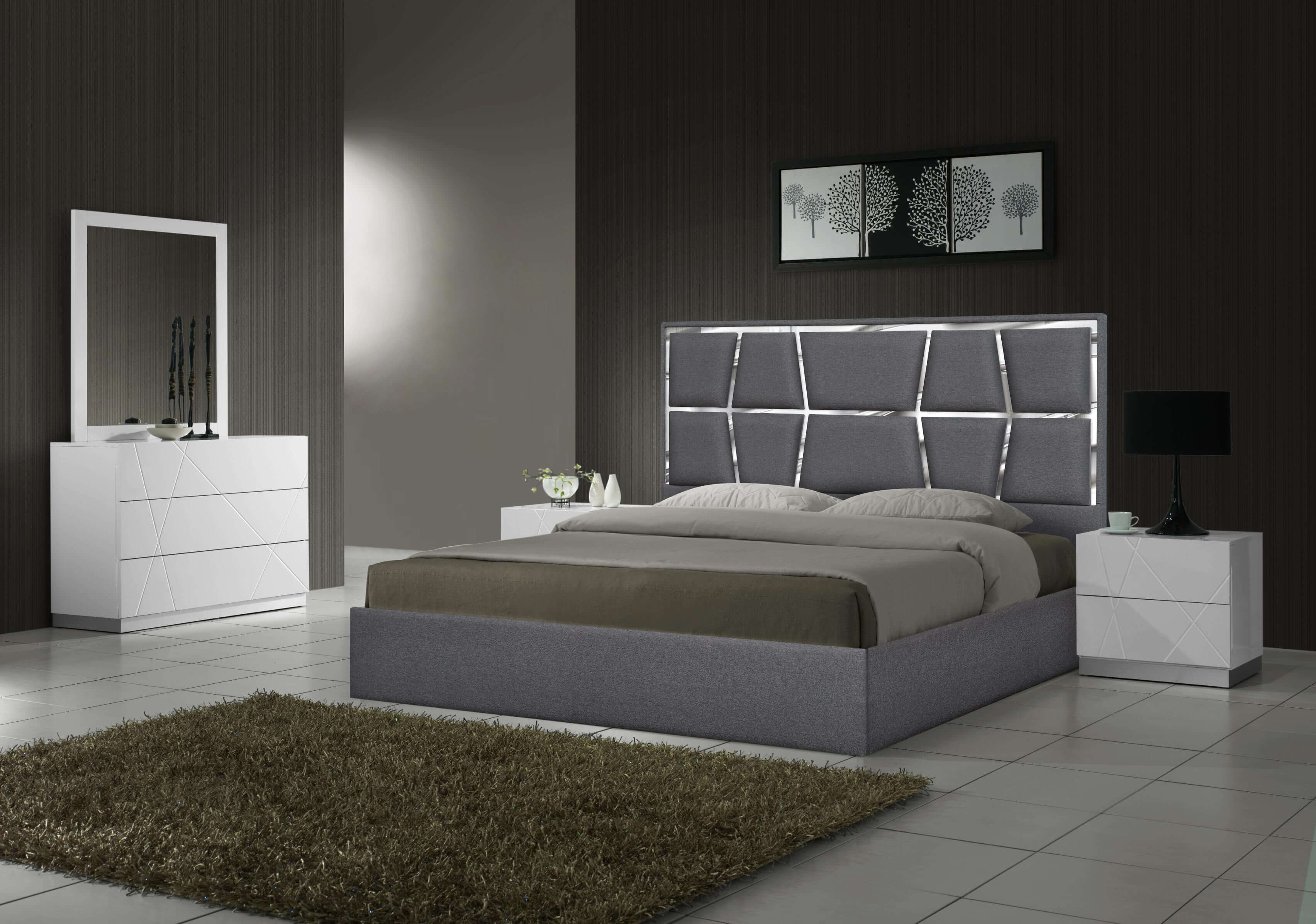 Degas Fabric Platform Bed w/Mirrored Trim